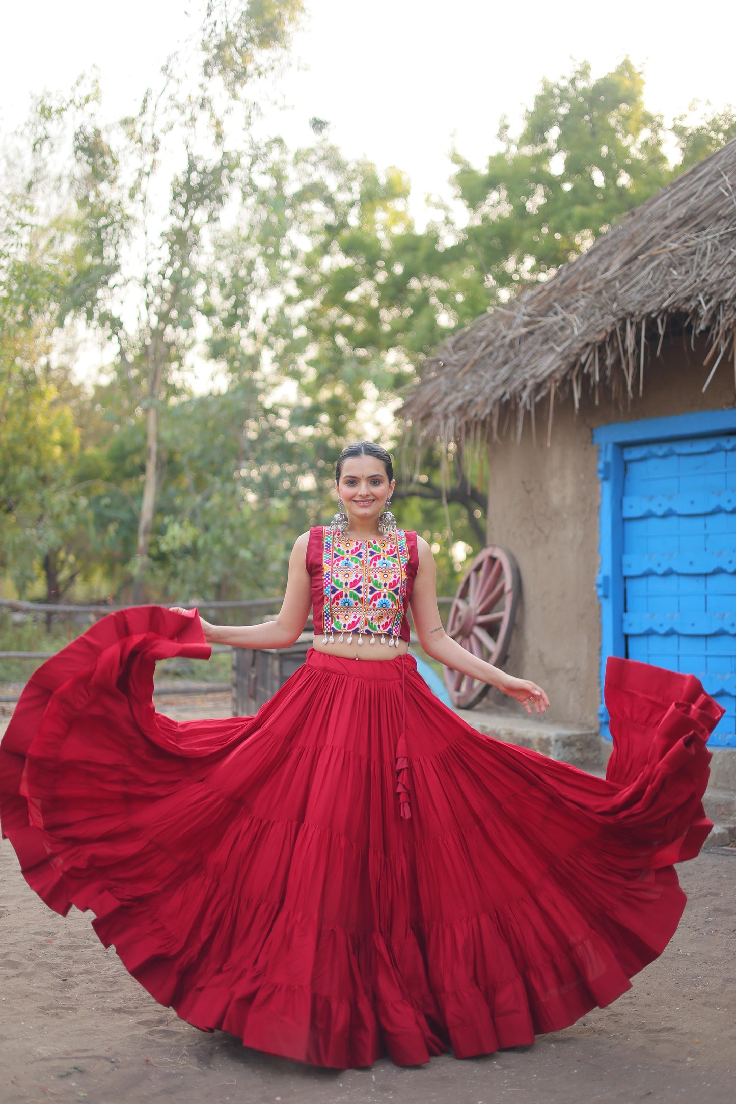 Designer Red Color Ruffle Lehenga Choli With Work Koti