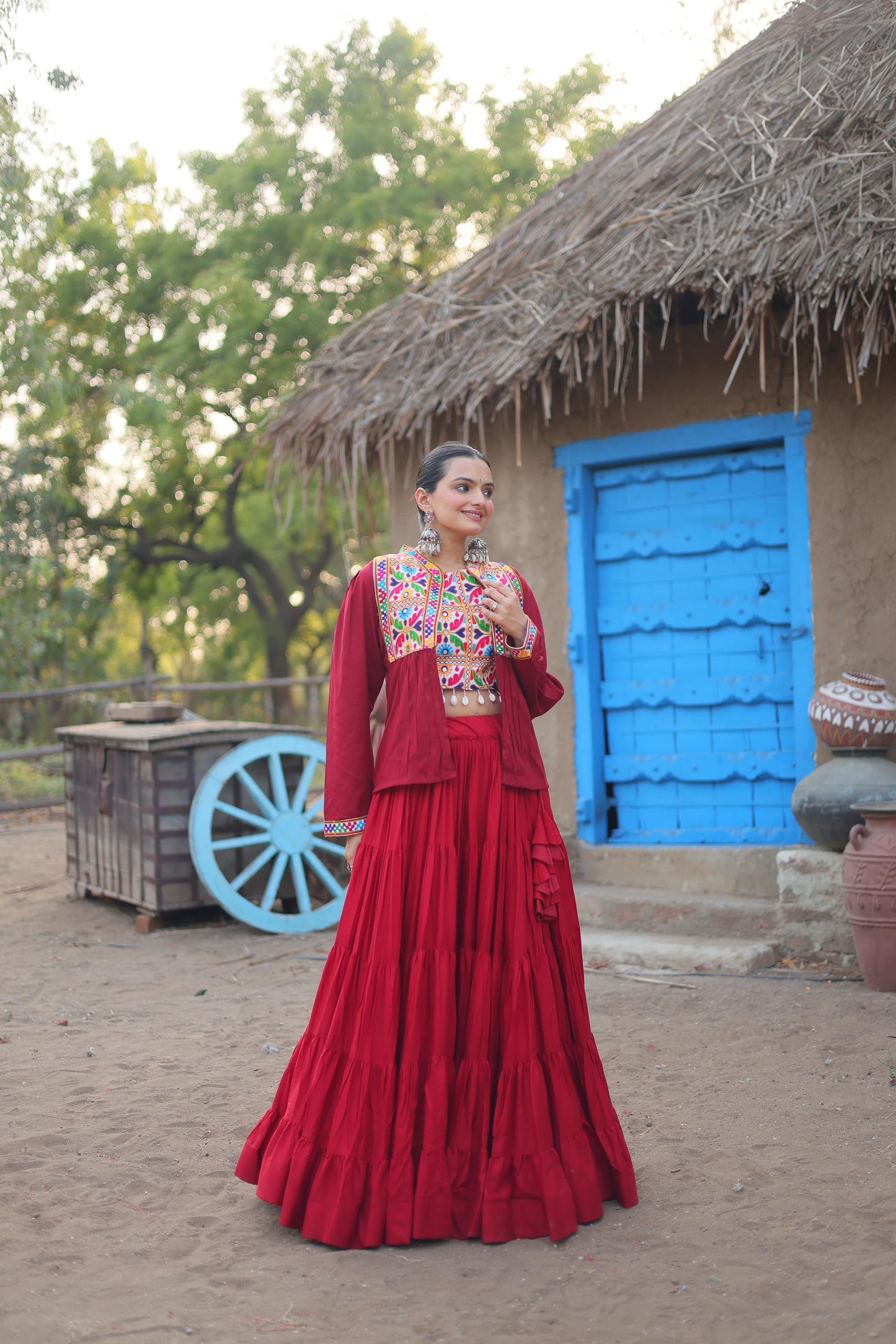 Designer Red Color Ruffle Lehenga Choli With Work Koti