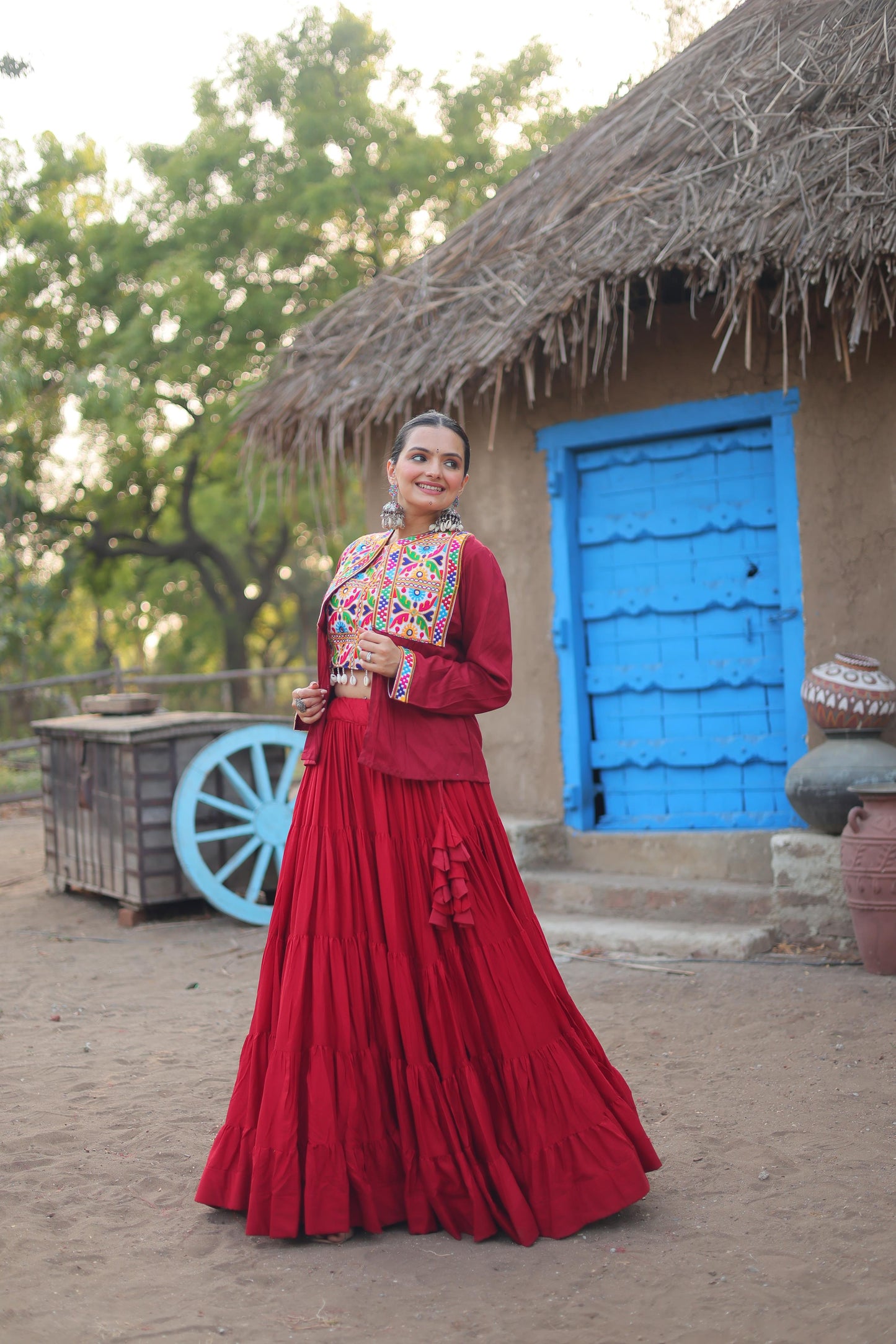 Designer Red Color Ruffle Lehenga Choli With Work Koti