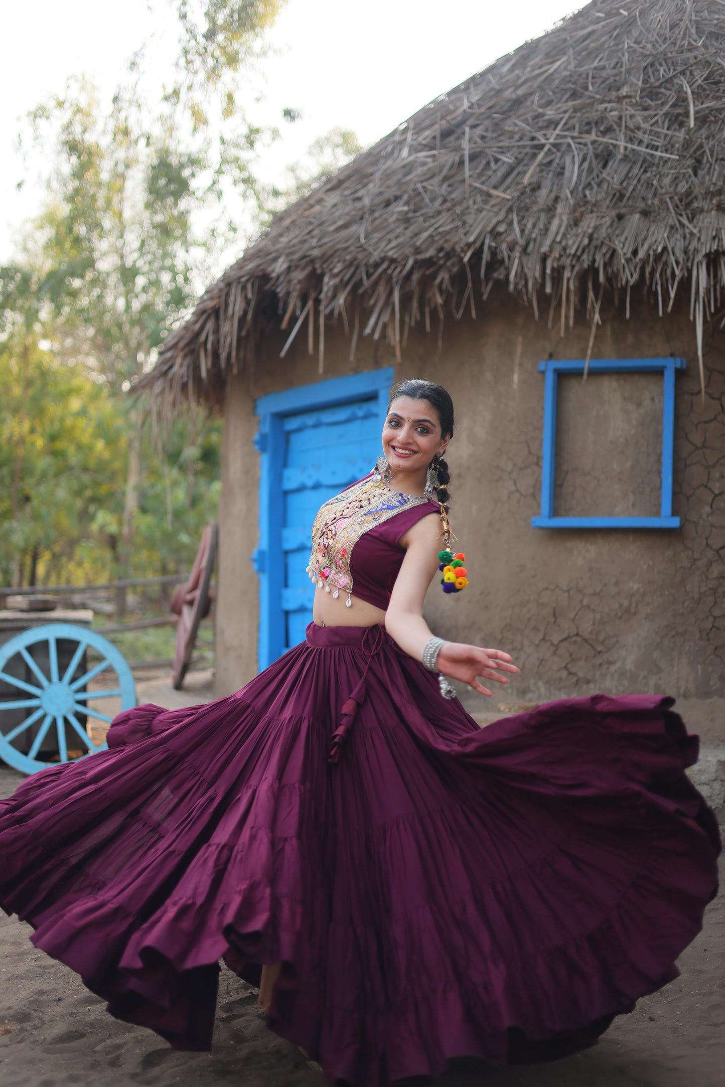 Designer Wine Color Ruffle Lehenga Choli With Work Koti