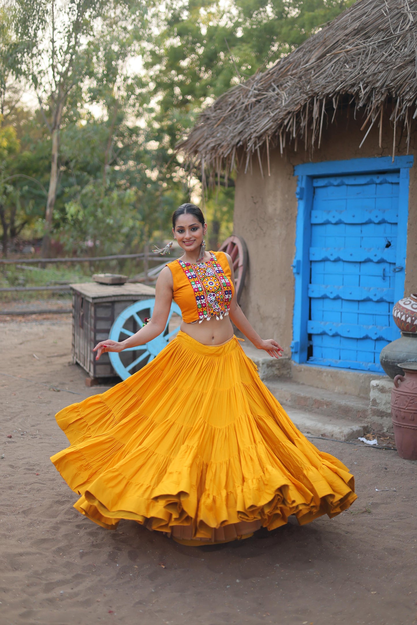 Designer Yellow Color Ruffle Lehenga Choli With Work Koti