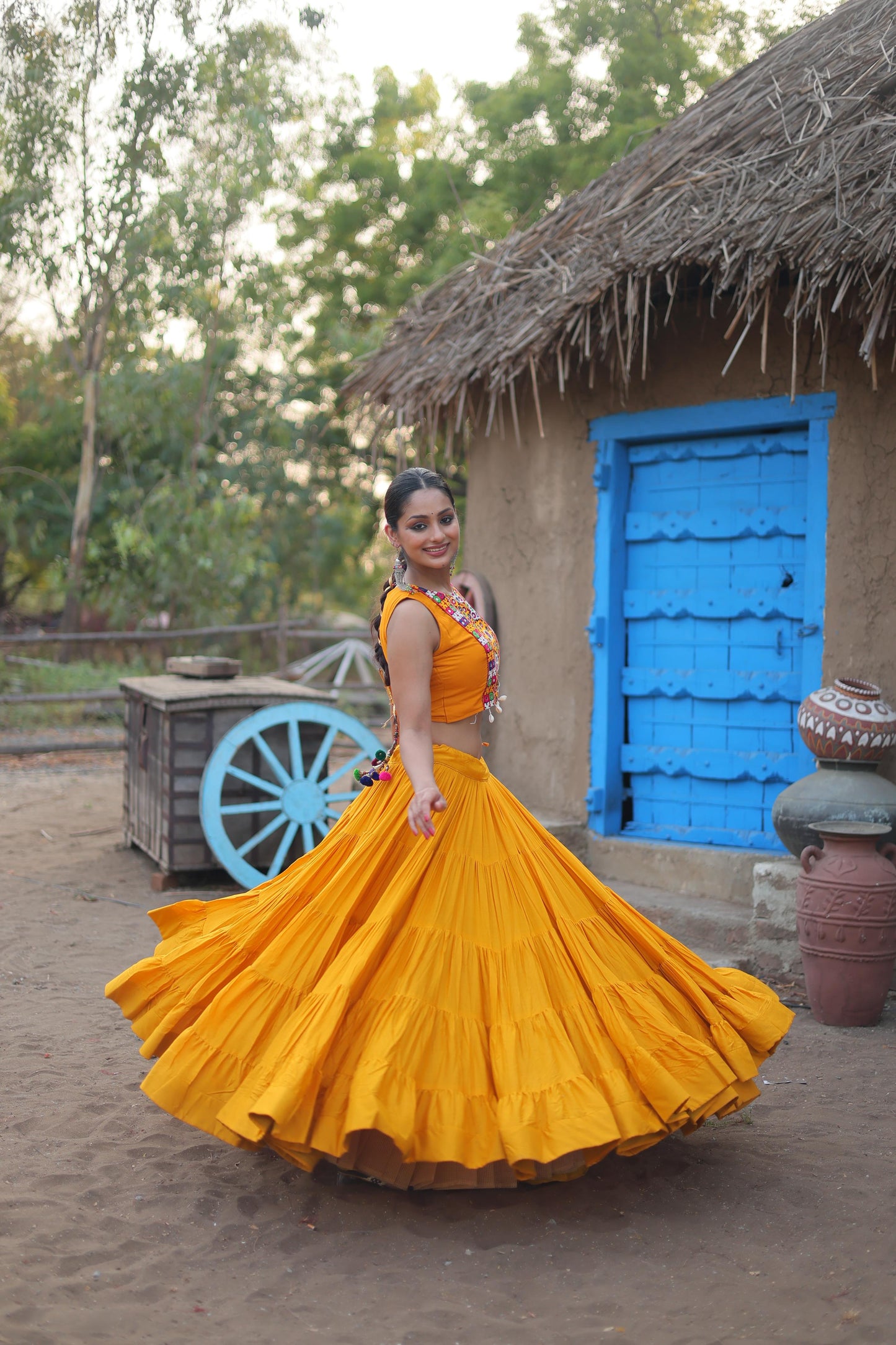 Designer Yellow Color Ruffle Lehenga Choli With Work Koti