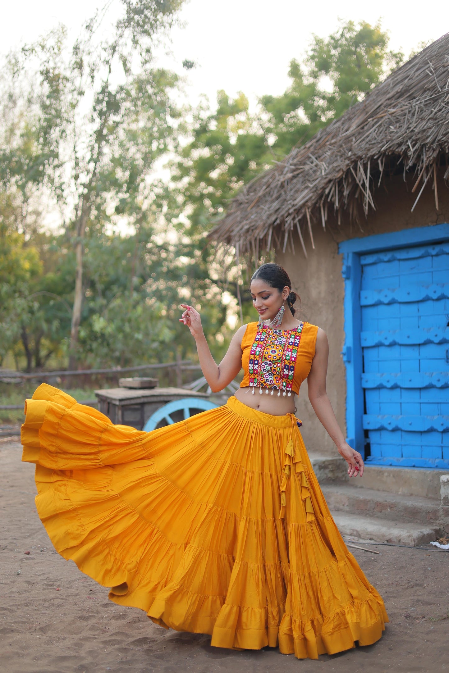 Designer Yellow Color Ruffle Lehenga Choli With Work Koti