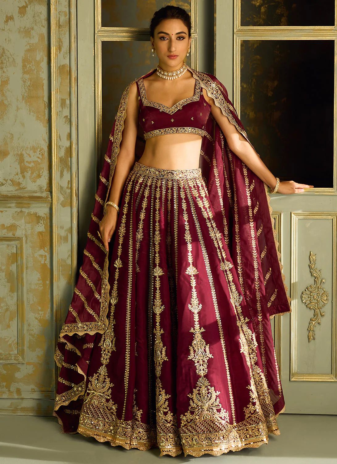 Bridal Wear Dori With Zari Work Maroon Color Heavy Lehenga Choli