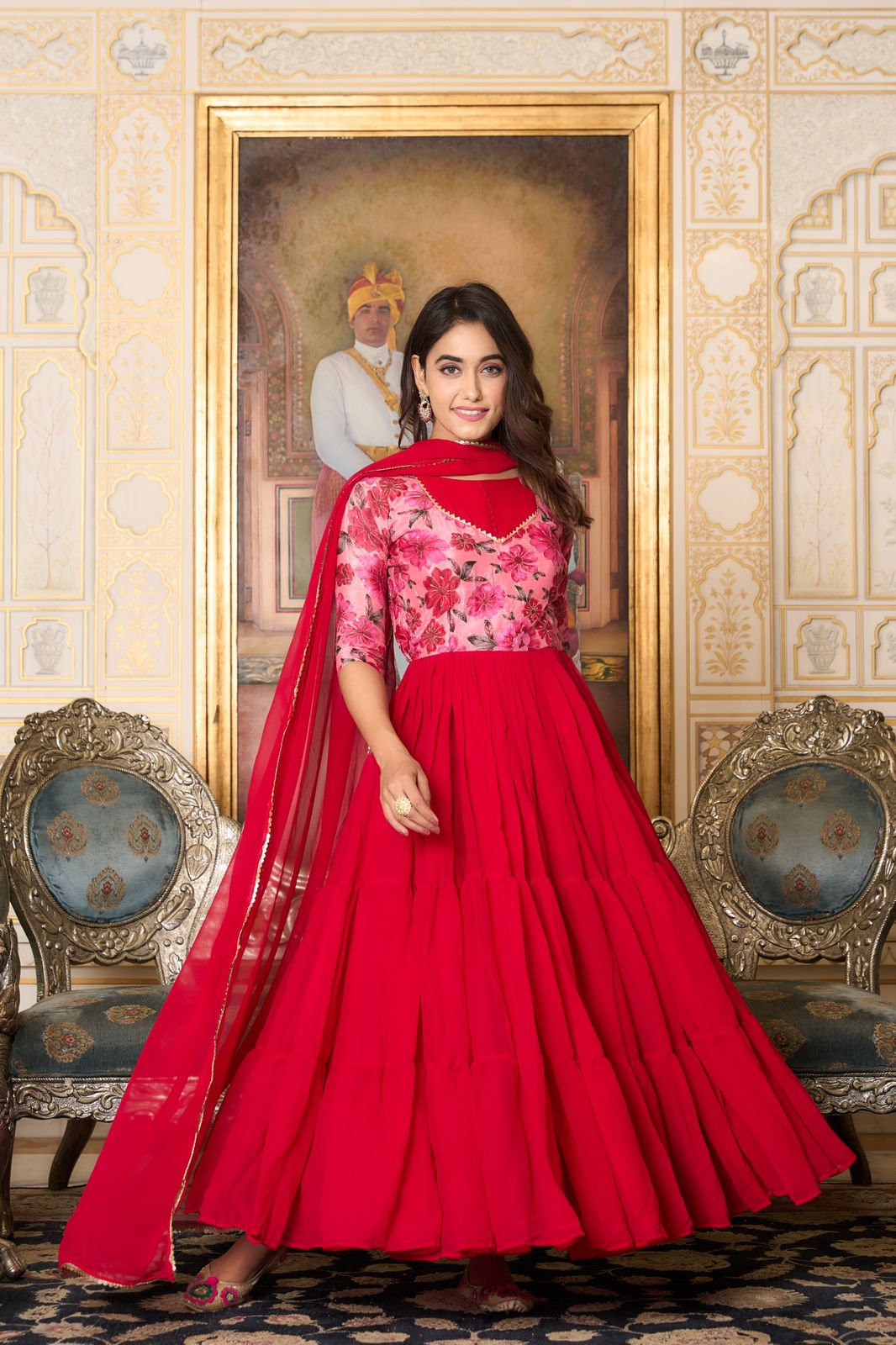 Red Color Position Print Work Georgette Gown With Dupatta