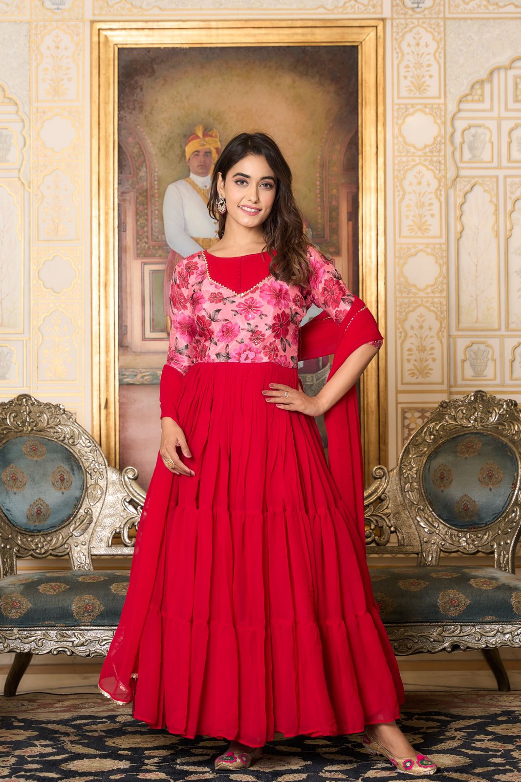 Red Color Position Print Work Georgette Gown With Dupatta