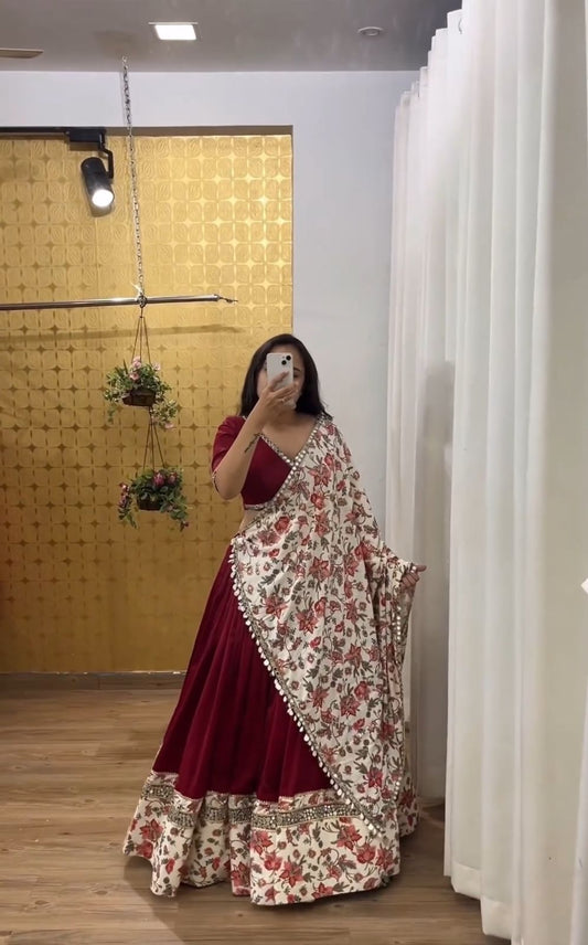 Traditional wear Digital Print With Work Maroon Lehenga Choli