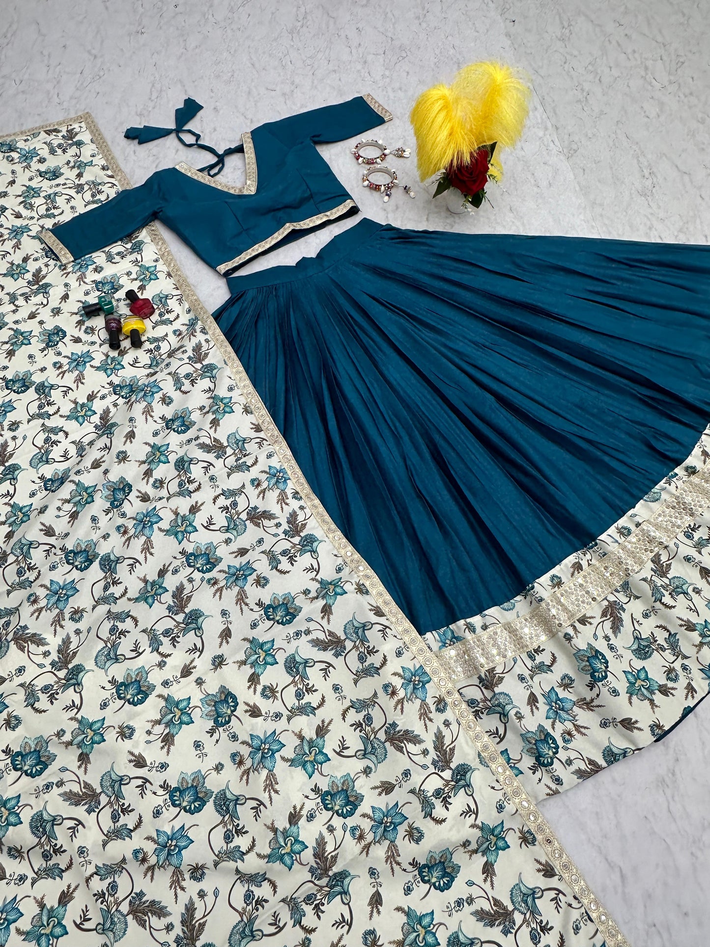 Traditional wear Digital Print With Work Teal Blue Lehenga Choli