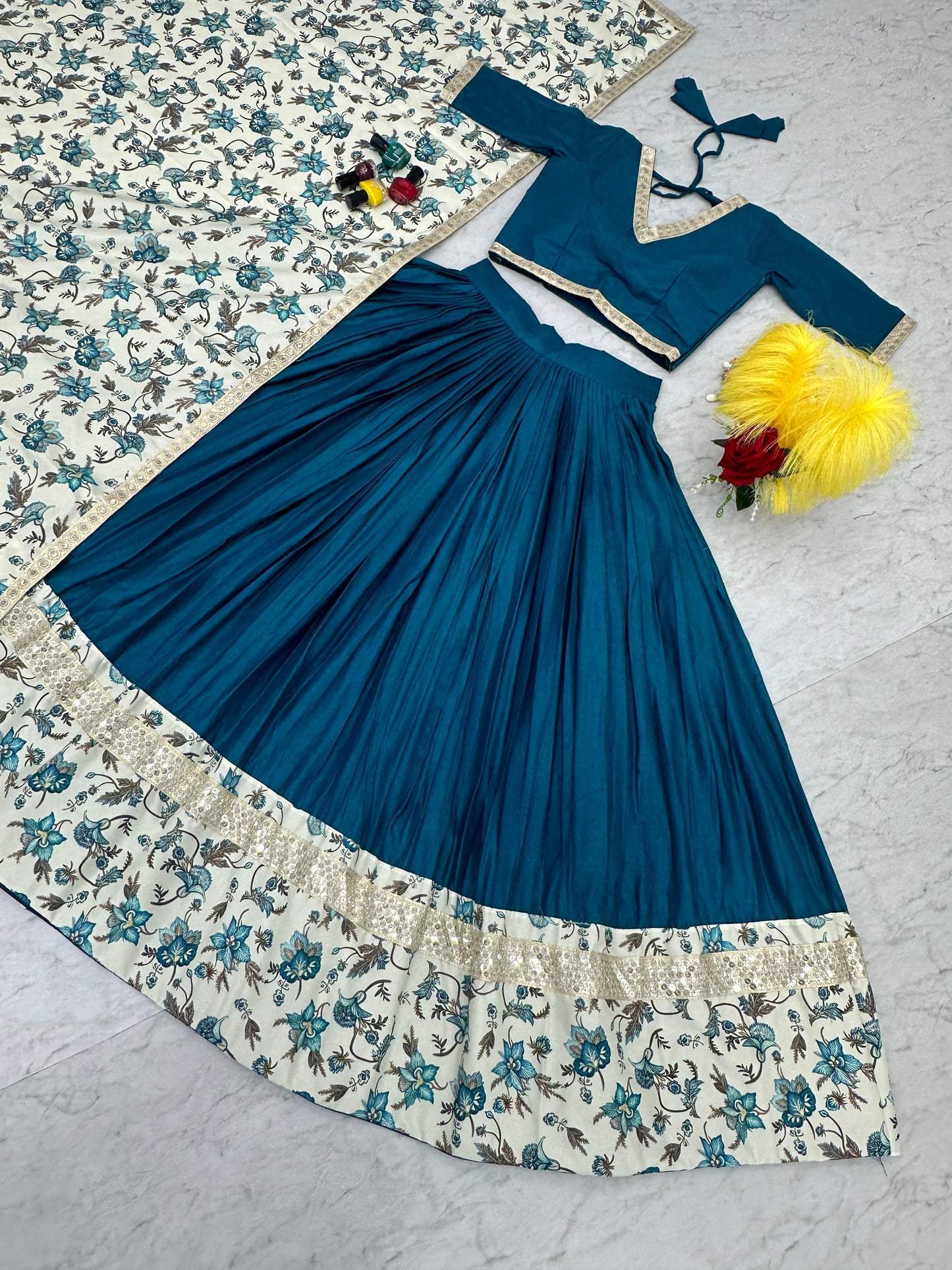 Traditional wear Digital Print With Work Teal Blue Lehenga Choli