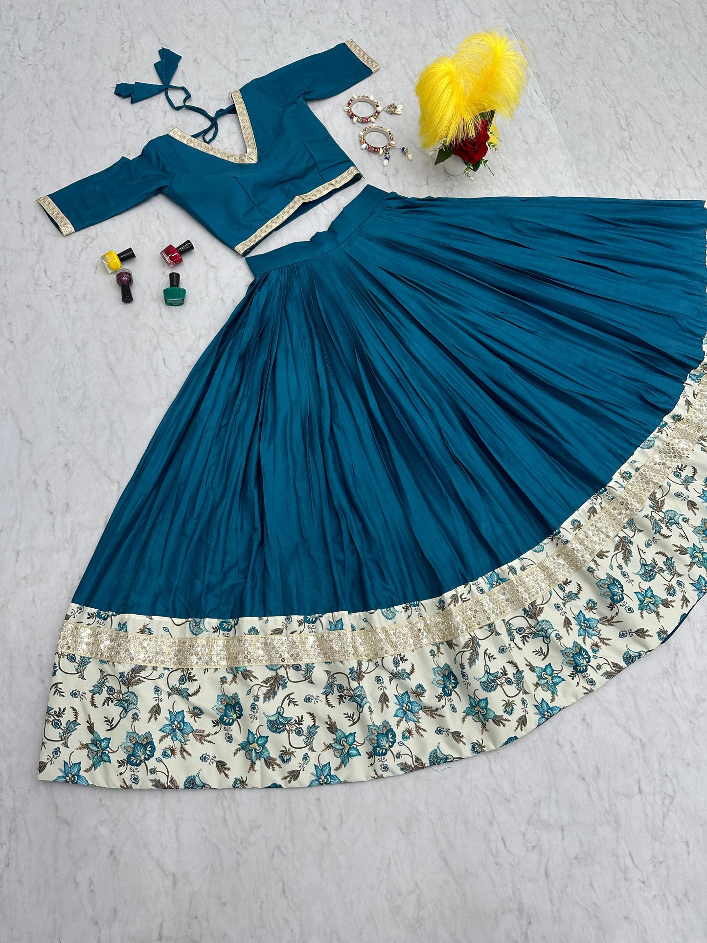 Traditional wear Digital Print With Work Teal Blue Lehenga Choli