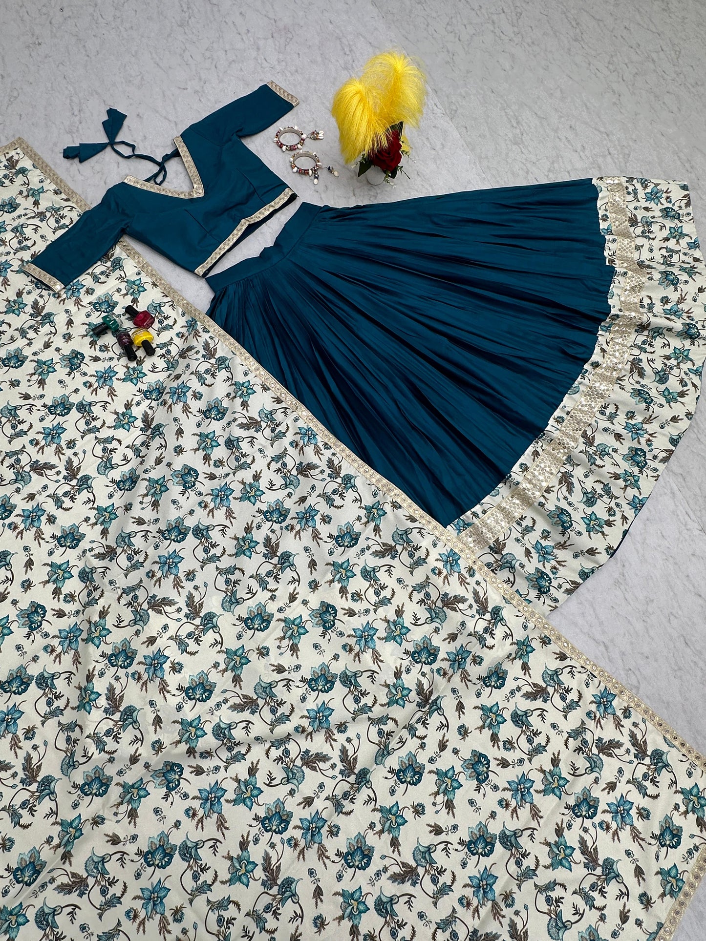 Traditional wear Digital Print With Work Teal Blue Lehenga Choli