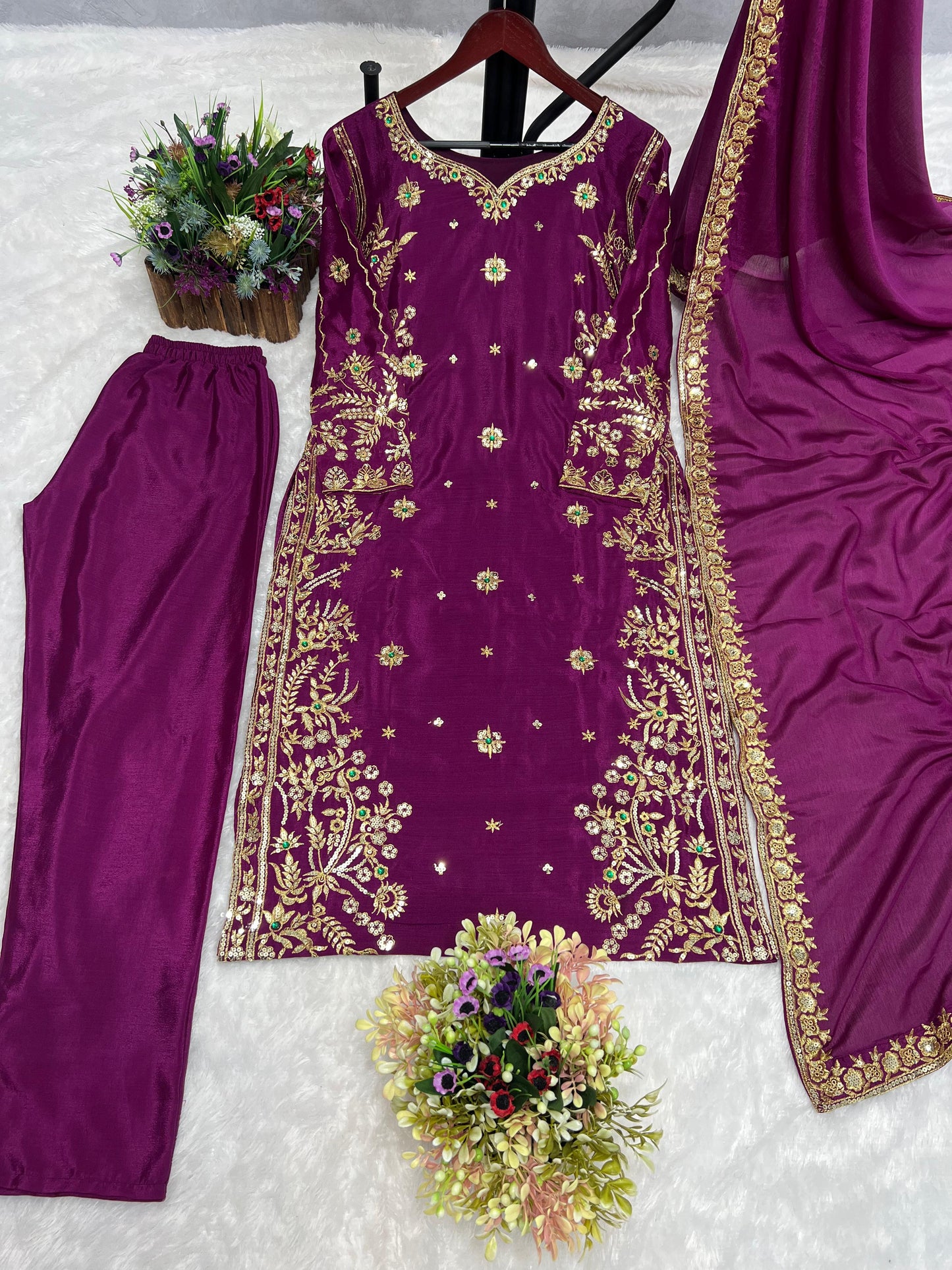 Stylish Wine Golden Embroidery Work Salwar Suit