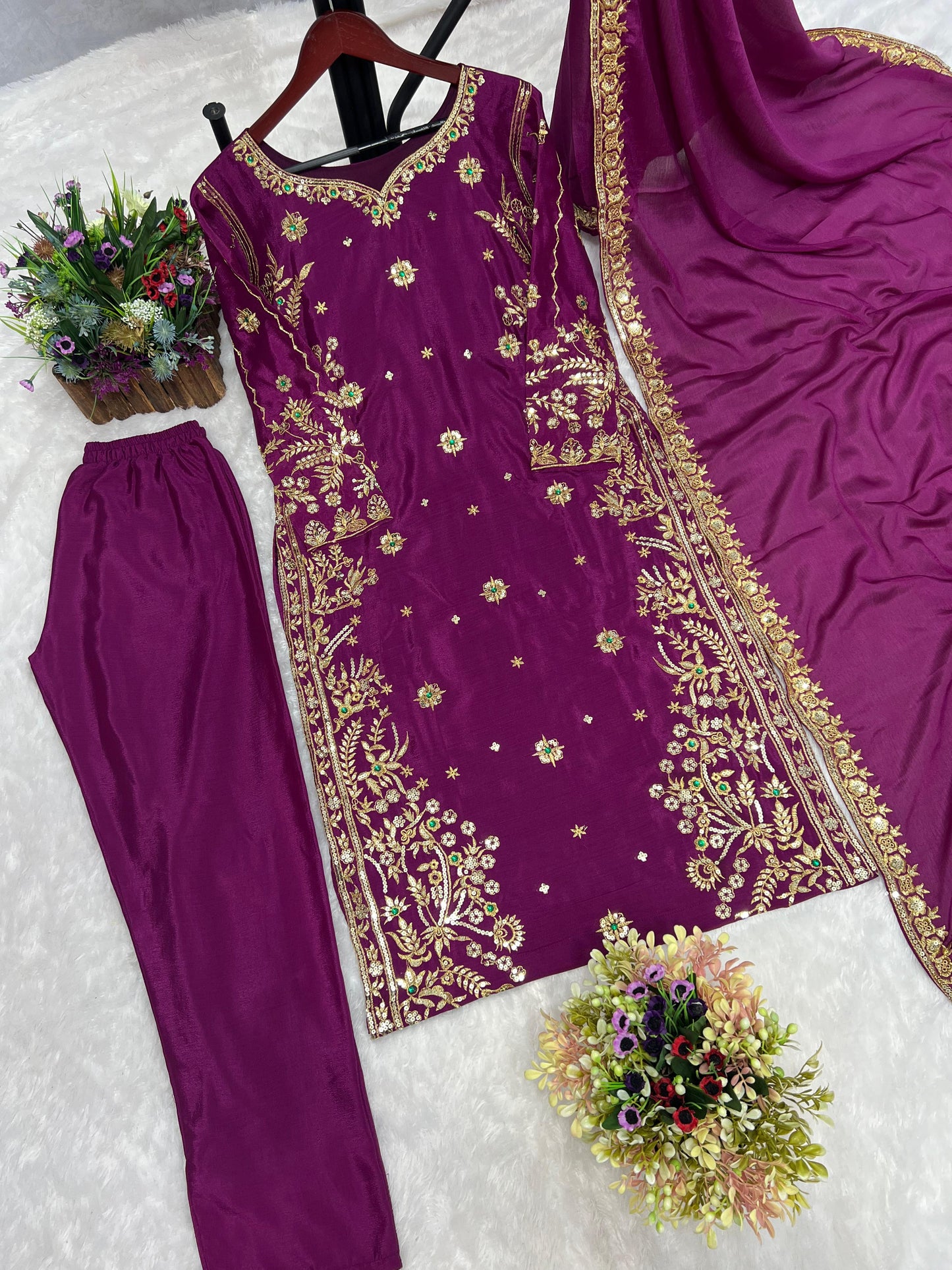 Stylish Wine Golden Embroidery Work Salwar Suit