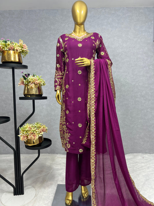 Stylish Wine Golden Embroidery Work Salwar Suit