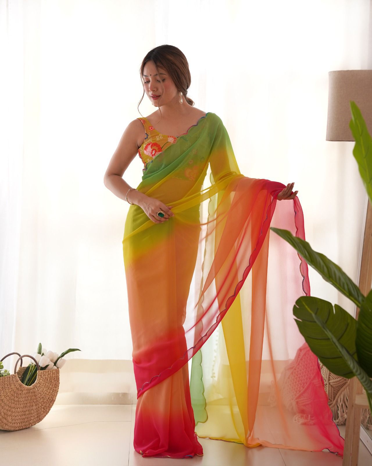 Elegant Double Shade Print With Green Color Saree