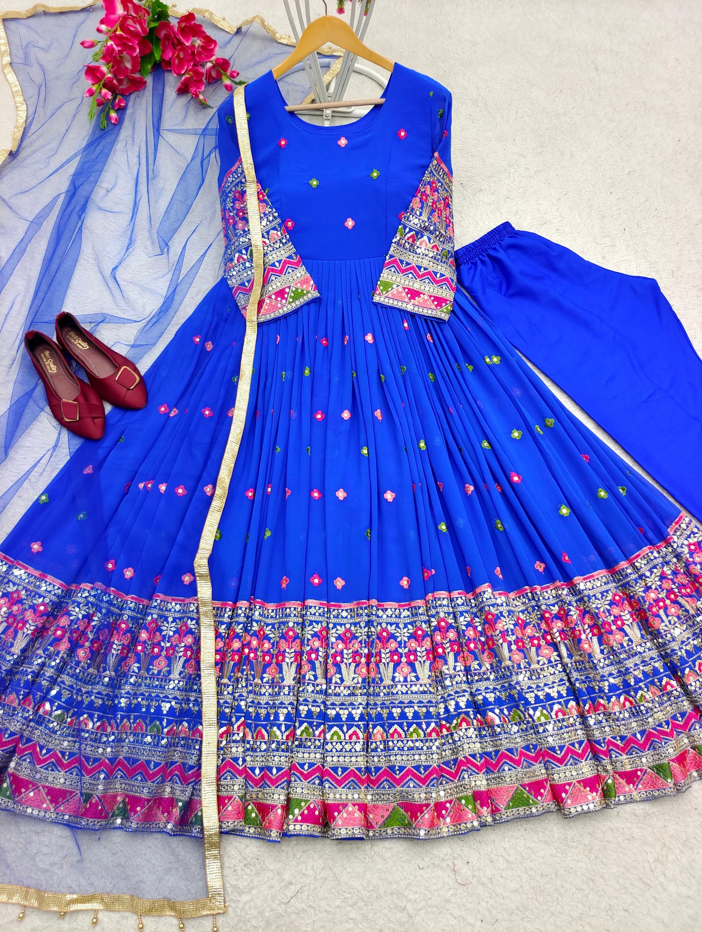 Awesome Sequence Embroidery Work Blue Georgette Gown