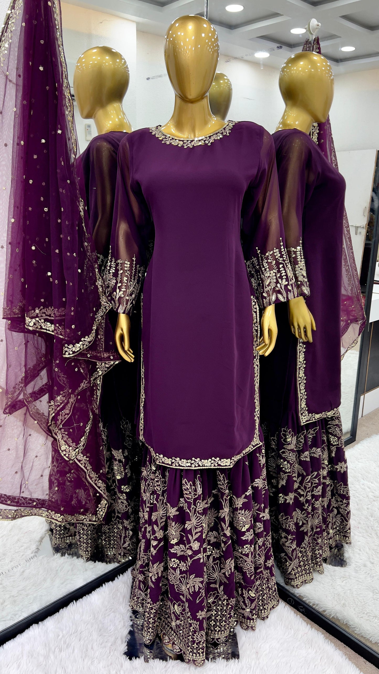 Shining Embroidery Sequence Work Wine Color Sharara Suit