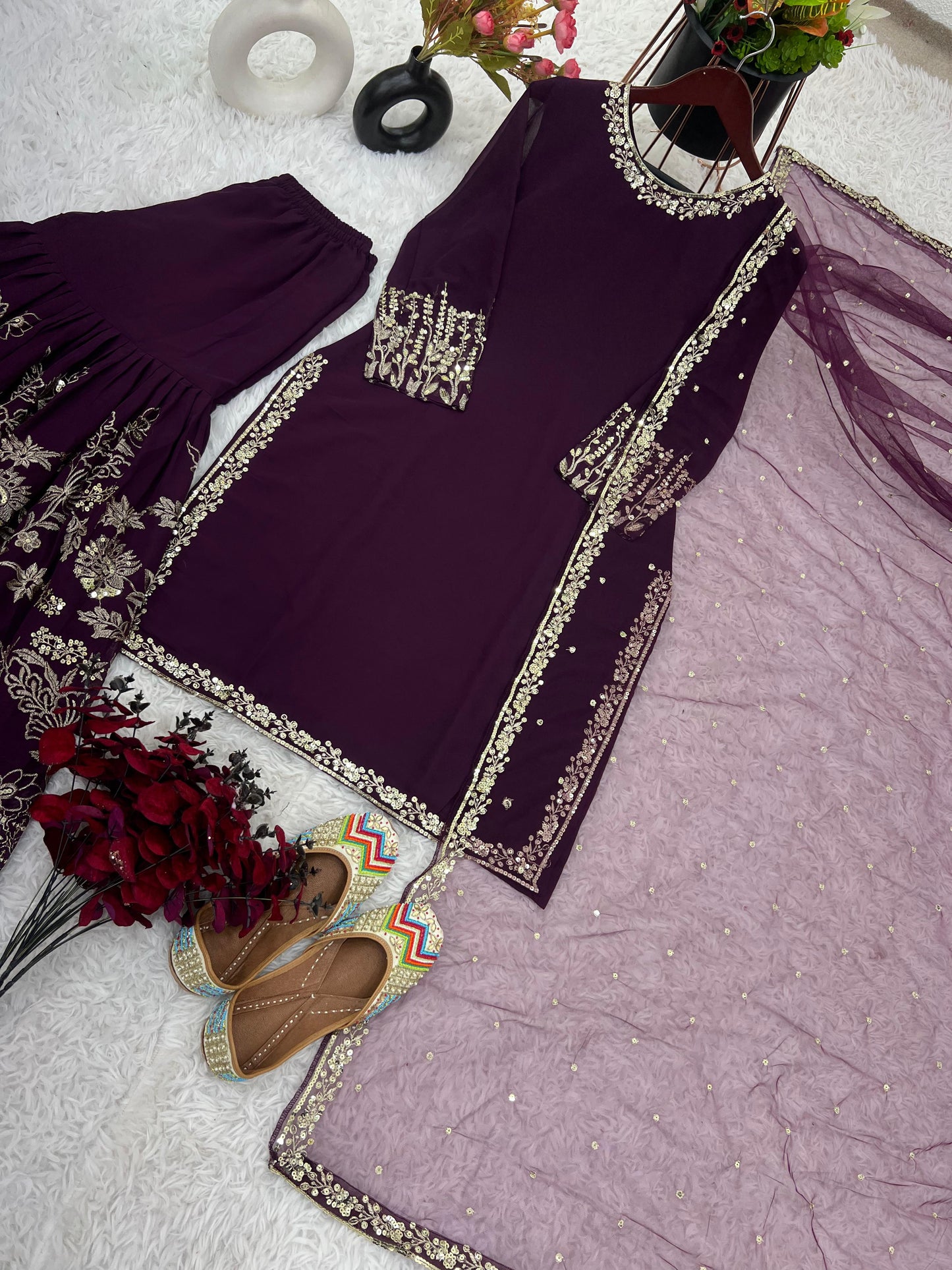 Shining Embroidery Sequence Work Wine Color Sharara Suit