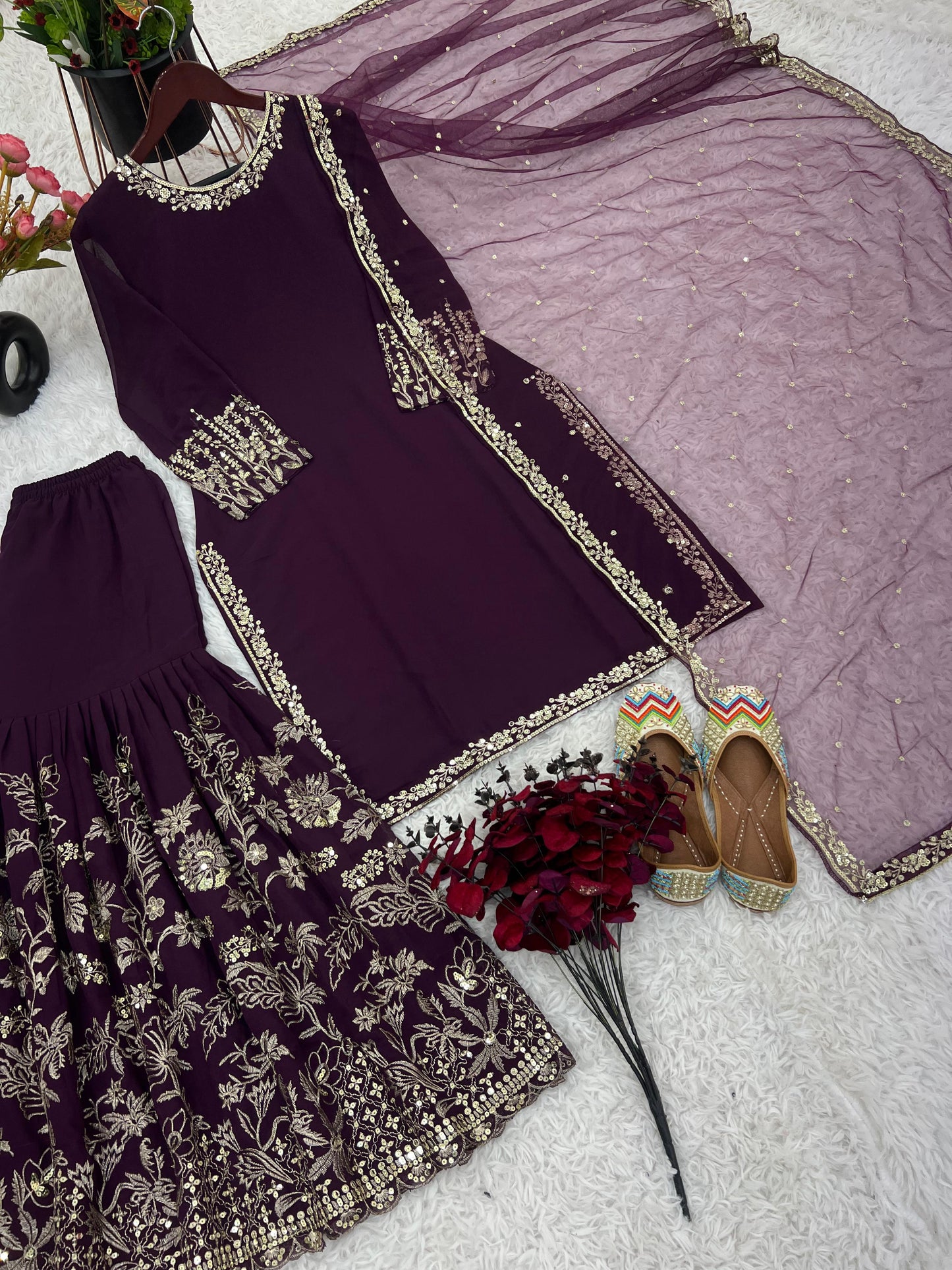 Shining Embroidery Sequence Work Wine Color Sharara Suit