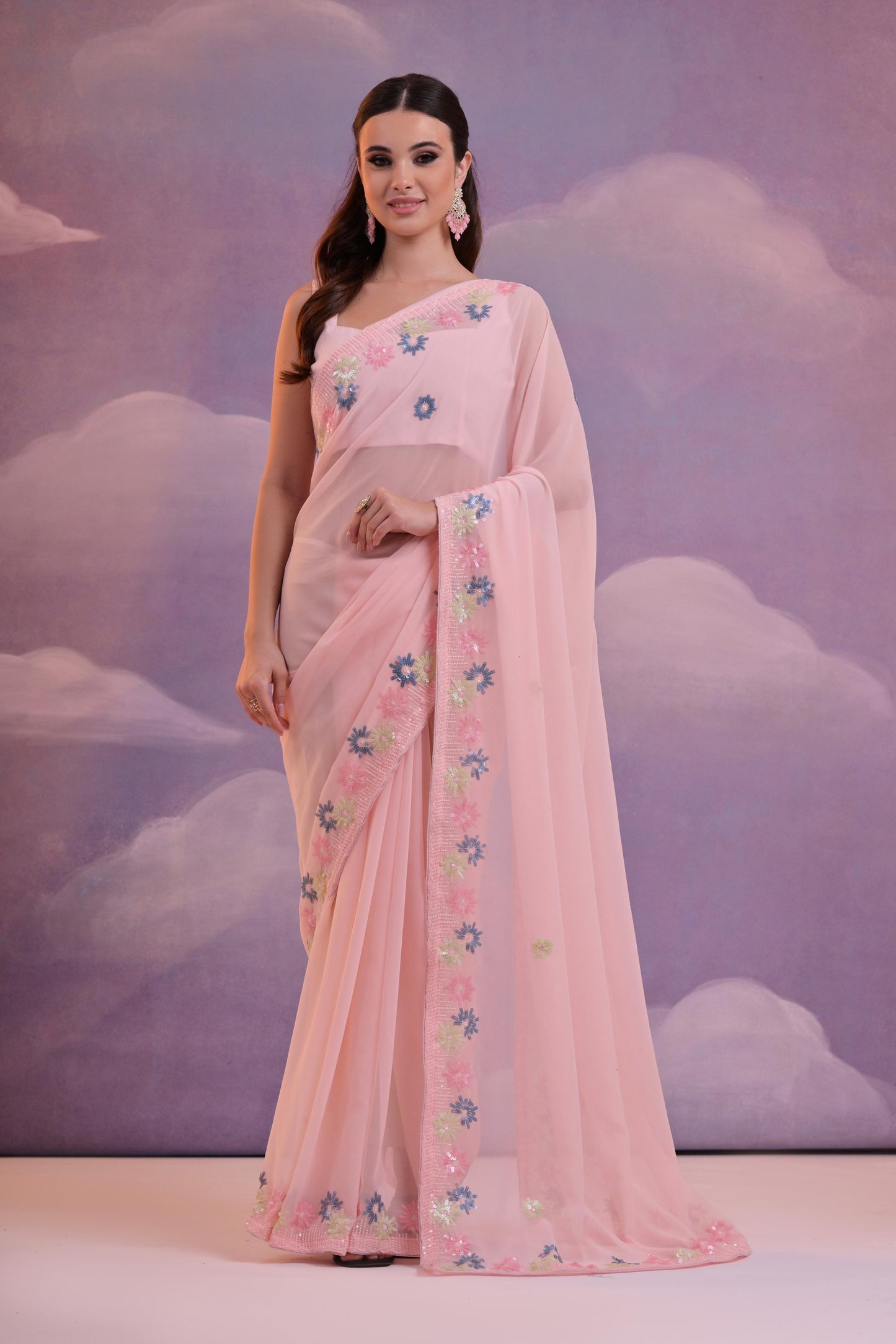 Peach Color Multi Sequence Work Occasion Wear Saree