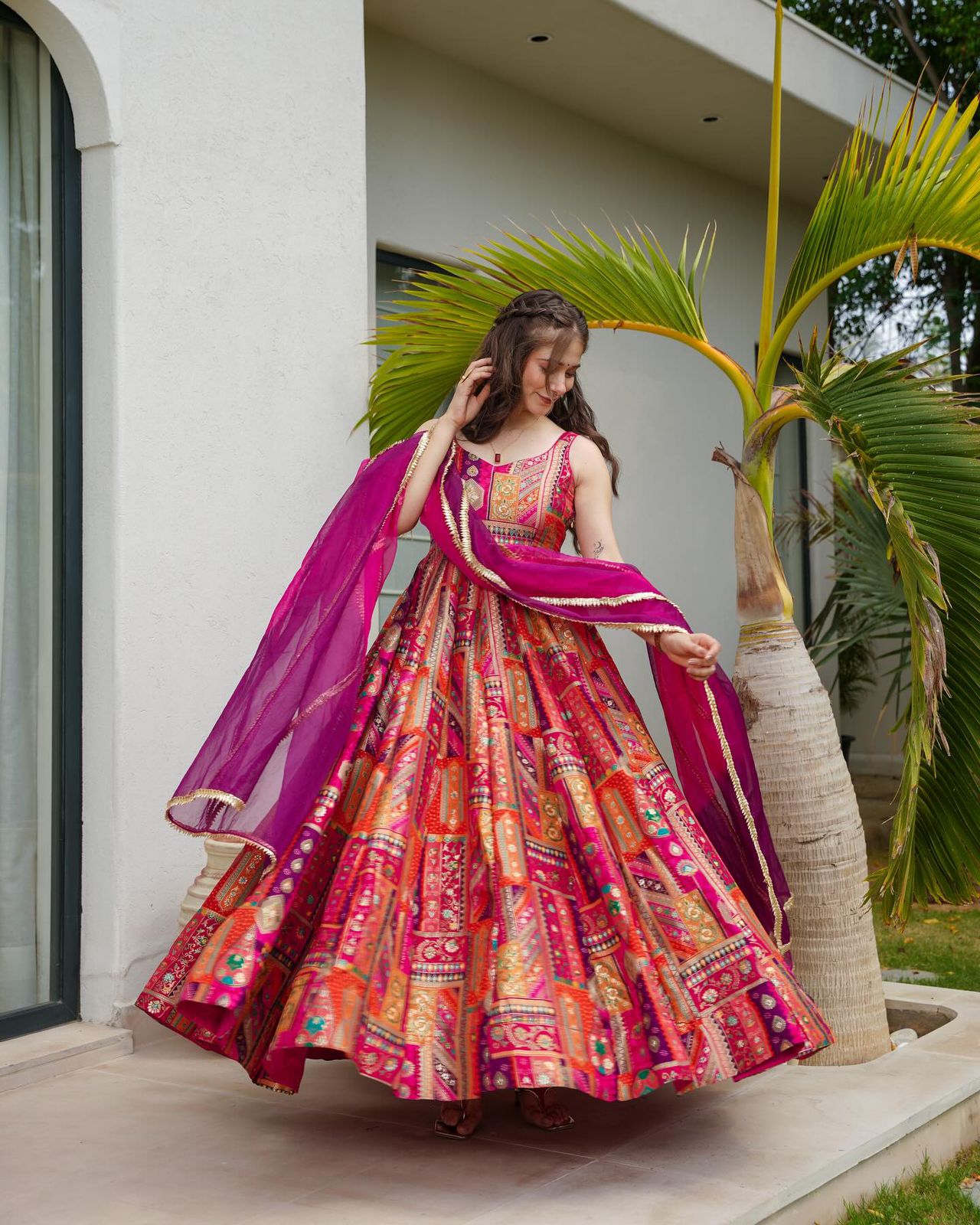 Ravishing Multi Color Organza Silk Gown With Dupatta