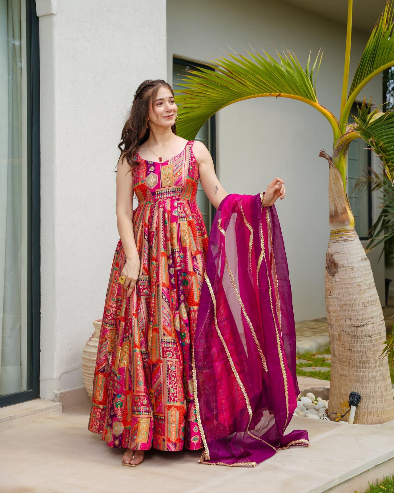 Ravishing Multi Color Organza Silk Gown With Dupatta