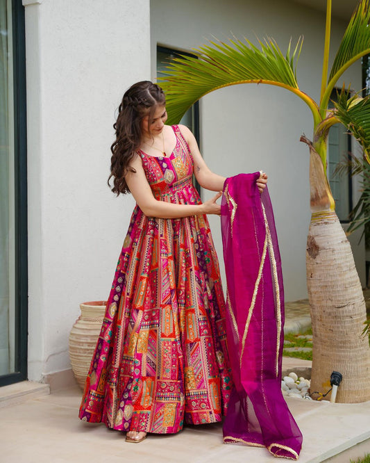 Ravishing Multi Color Organza Silk Gown With Dupatta