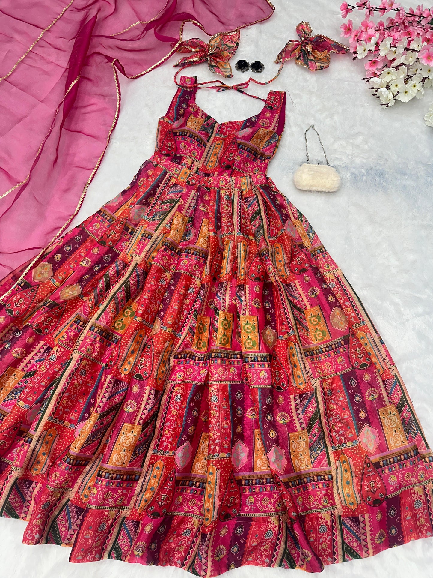 Ravishing Multi Color Organza Silk Gown With Dupatta