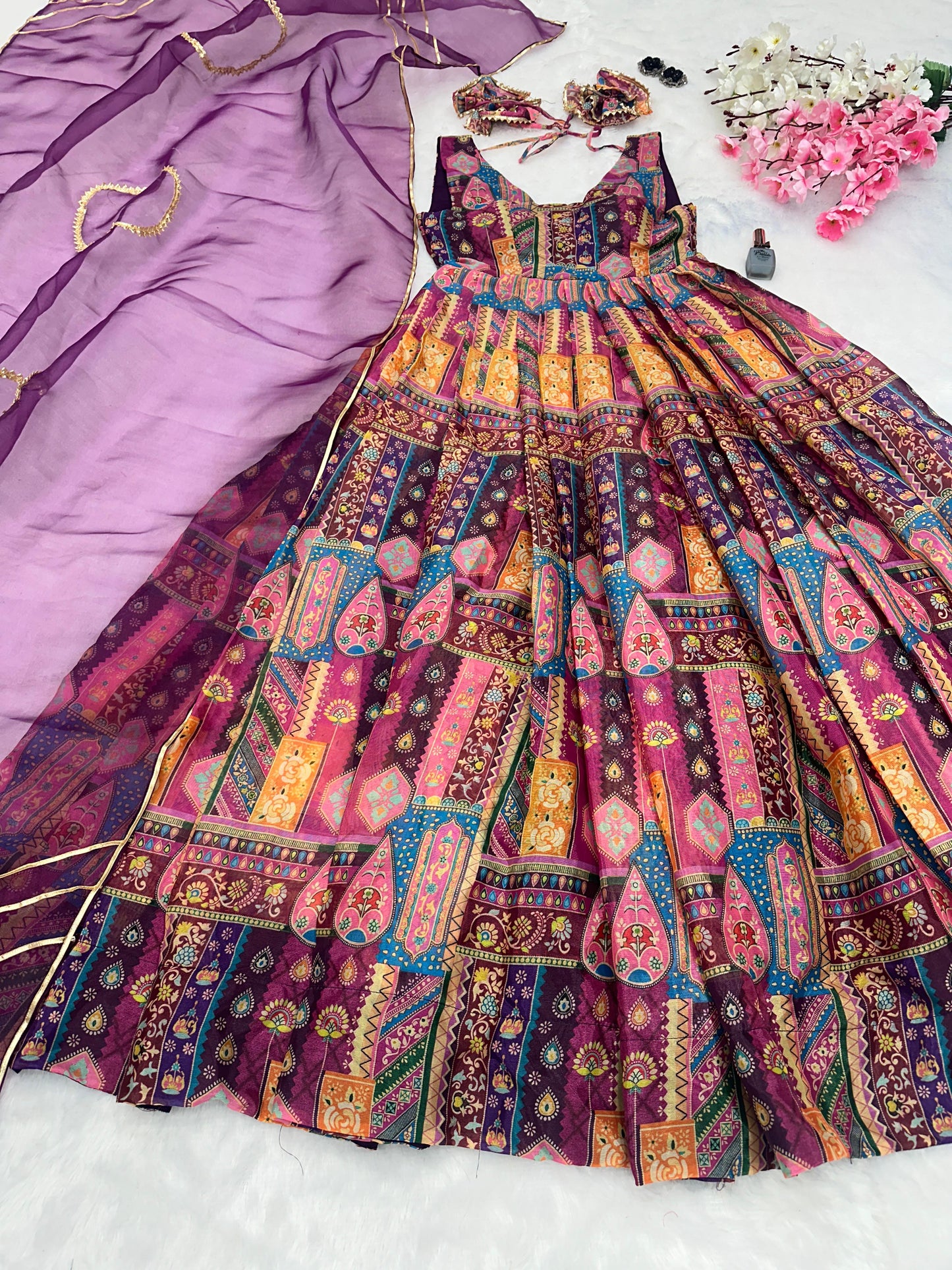 Amazing Multi Print Design Purple Color Long Gown