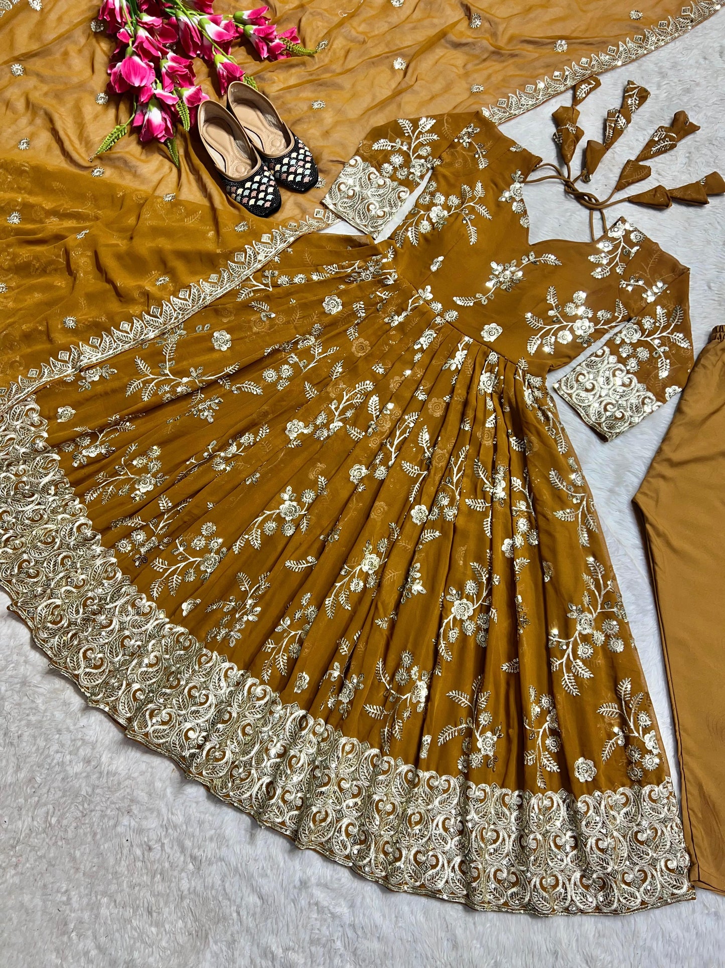 Festive Wear Mustard Color Sequence Work Anarkali Suit