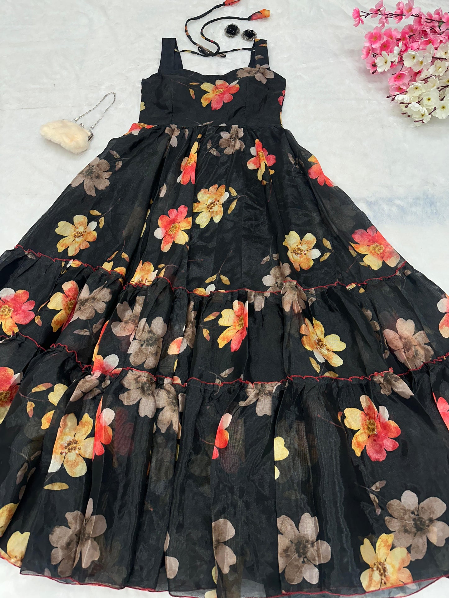 Black Color Digital Printed Full Flair Organza Gown