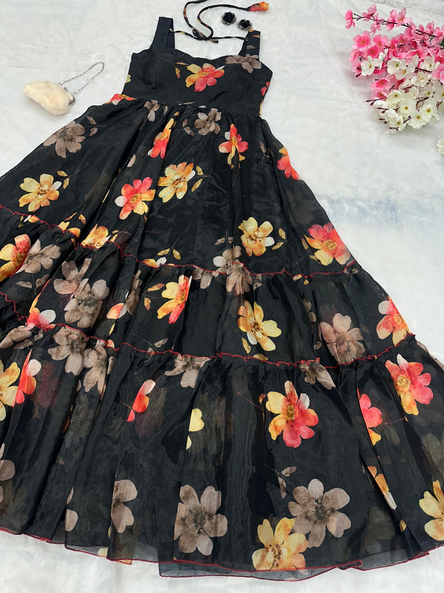 Black Color Digital Printed Full Flair Organza Gown