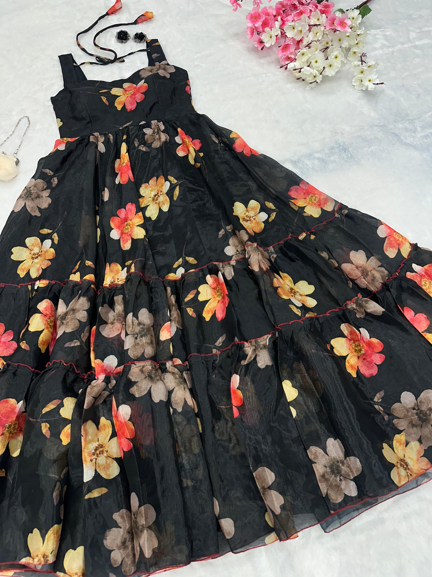 Black Color Digital Printed Full Flair Organza Gown