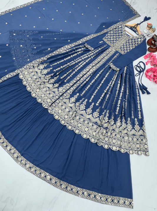 Blue Color Full Work Sequence Work Top With Lehenga