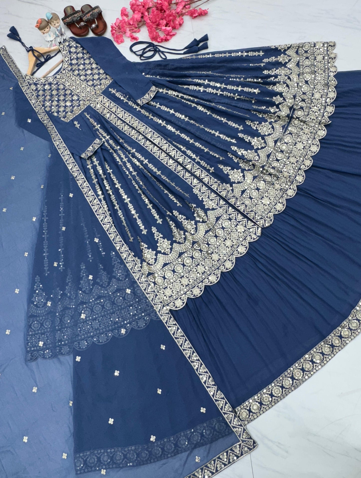 Blue Color Full Work Sequence Work Top With Lehenga