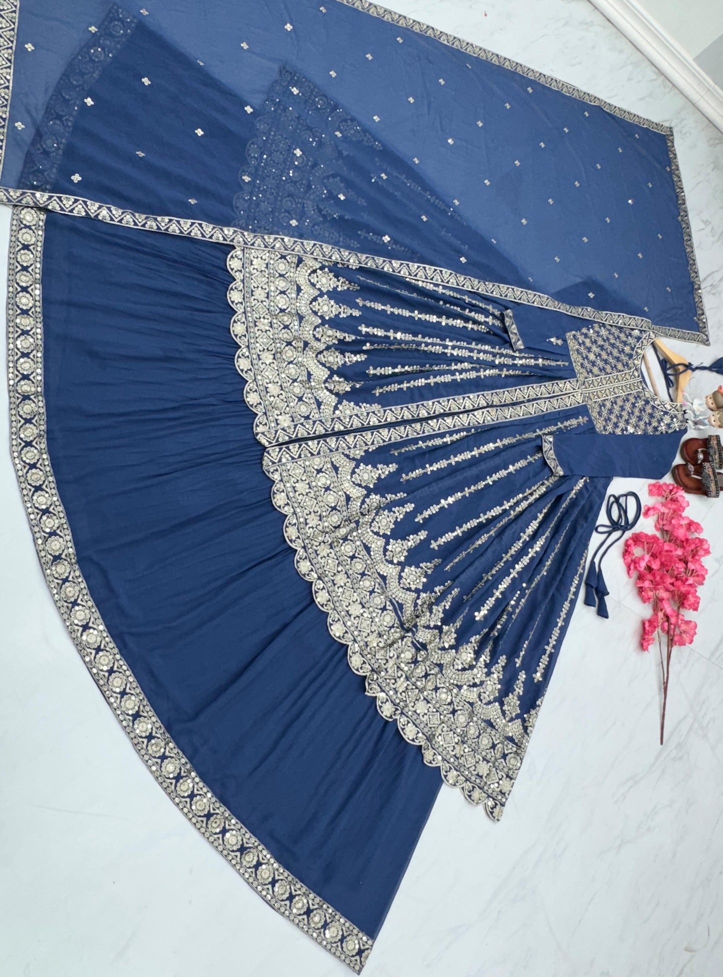 Blue Color Full Work Sequence Work Top With Lehenga