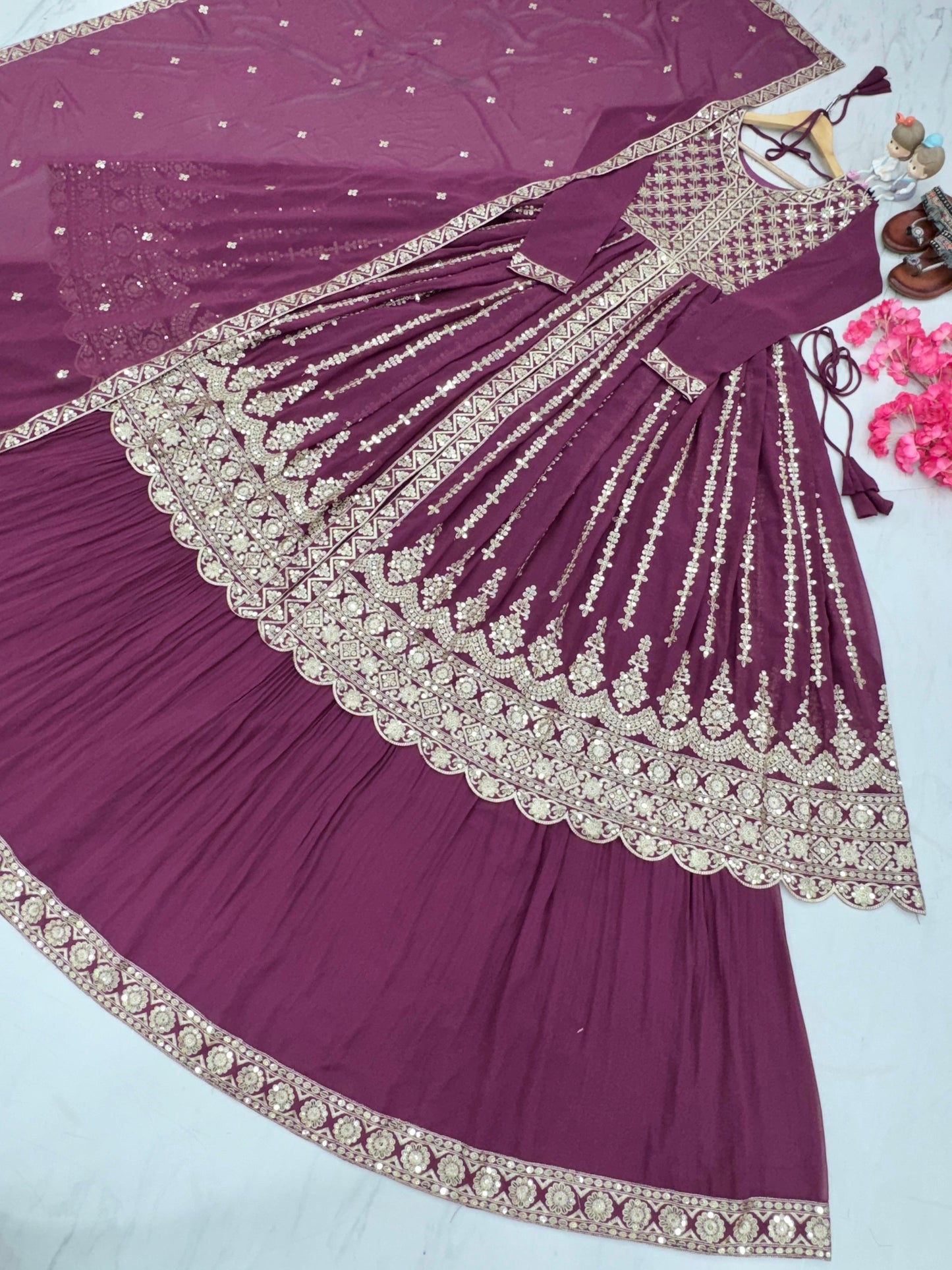 Wine Color Full Work Sequence Work Top With Lehenga