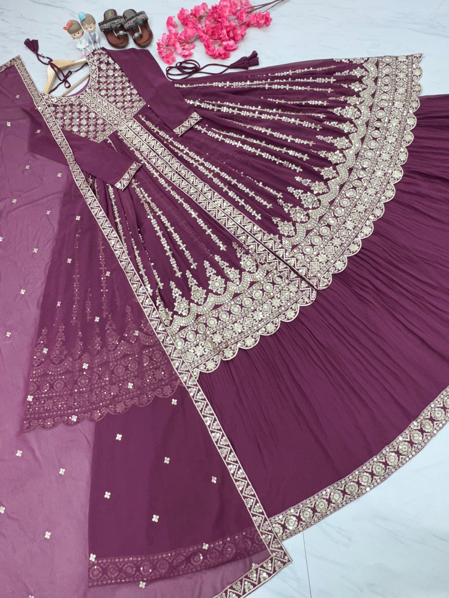 Wine Color Full Work Sequence Work Top With Lehenga