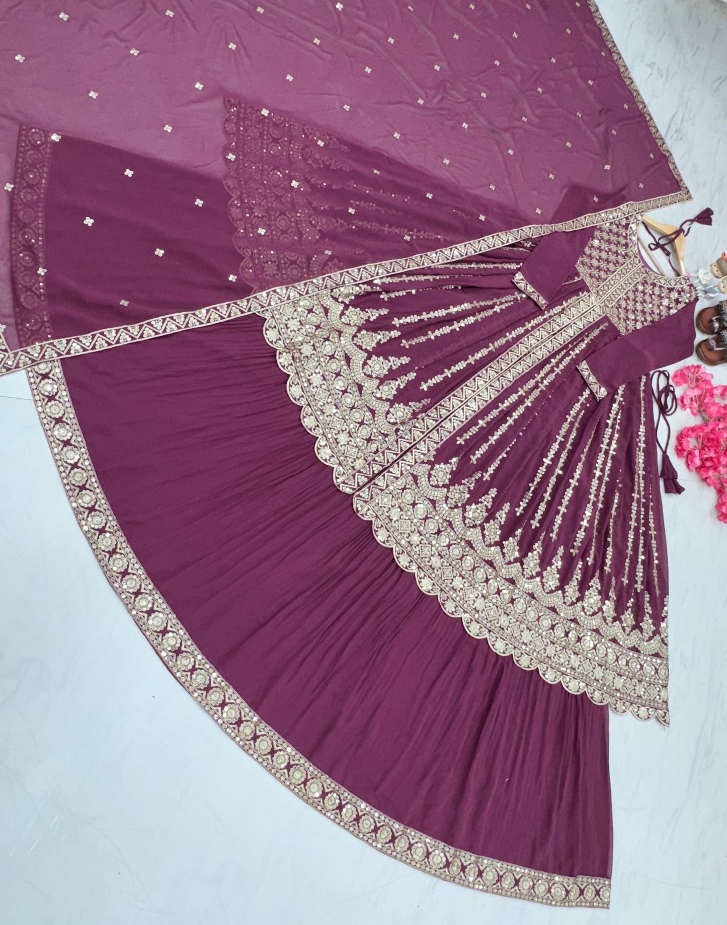 Wine Color Full Work Sequence Work Top With Lehenga