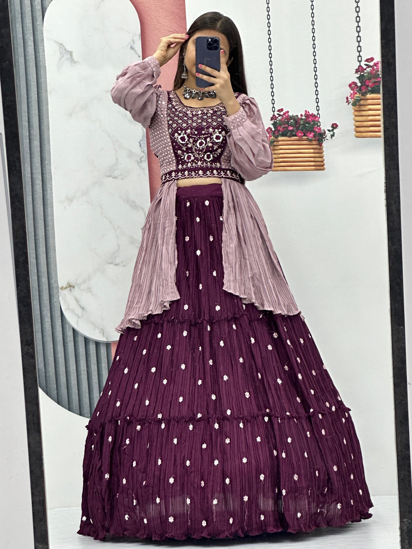 Shining Hand Work Wine Lehenga With Stylish Blouse