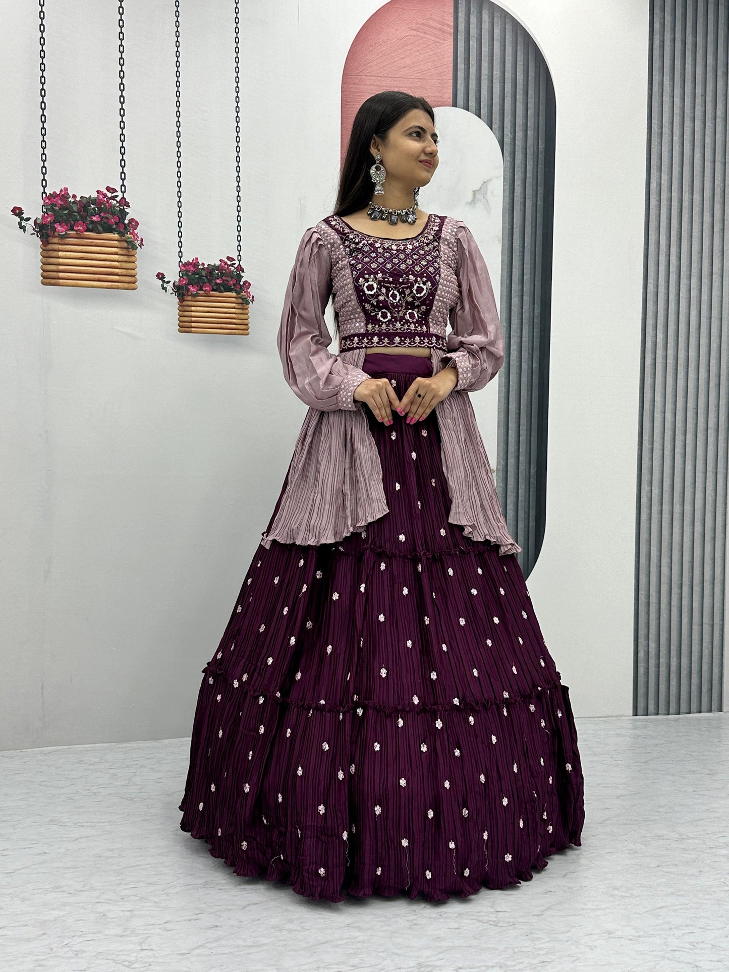 Shining Hand Work Wine Lehenga With Stylish Blouse