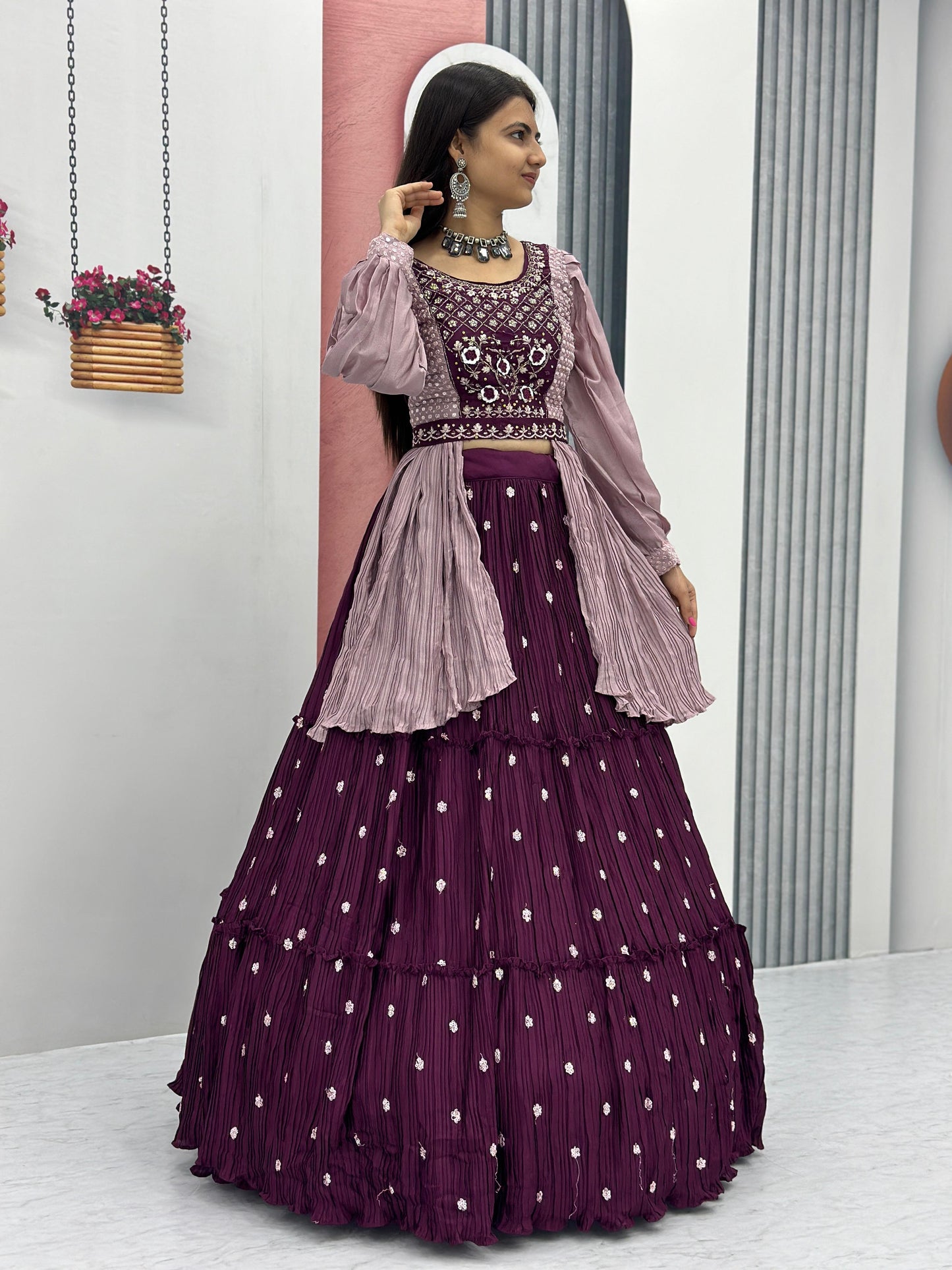 Shining Hand Work Wine Lehenga With Stylish Blouse