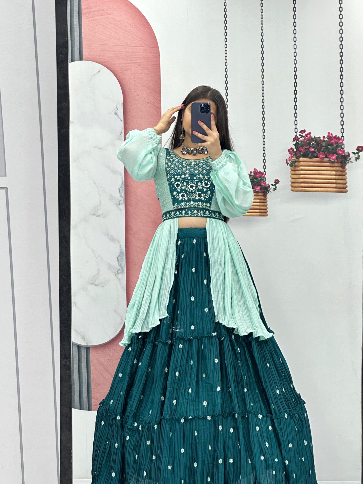 Shining Hand Work Teal Blue Lehenga With Stylish Blouse