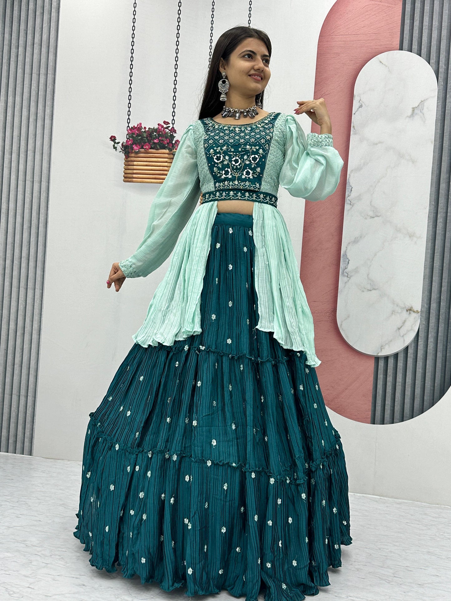 Shining Hand Work Teal Blue Lehenga With Stylish Blouse