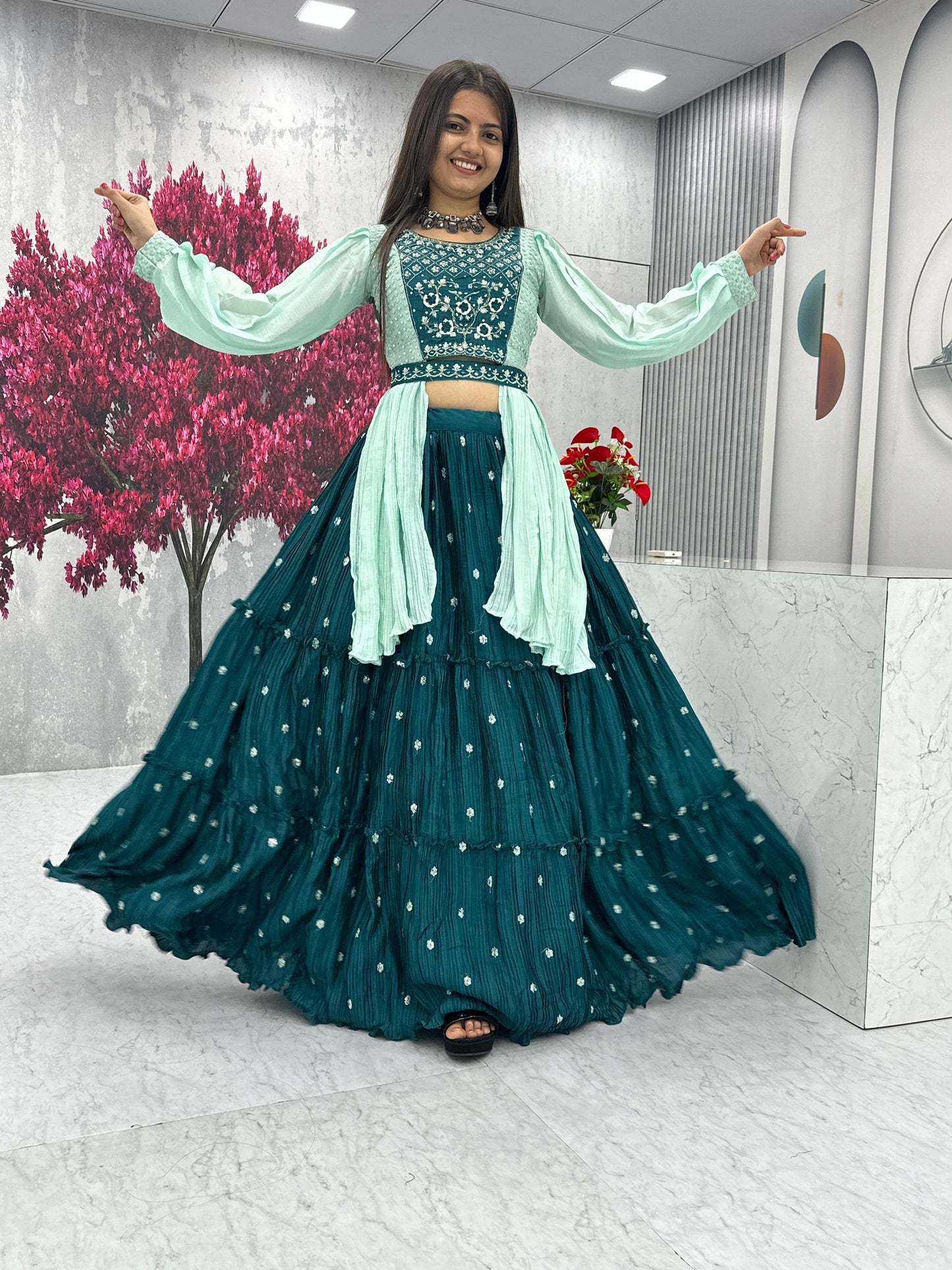 Shining Hand Work Teal Blue Lehenga With Stylish Blouse