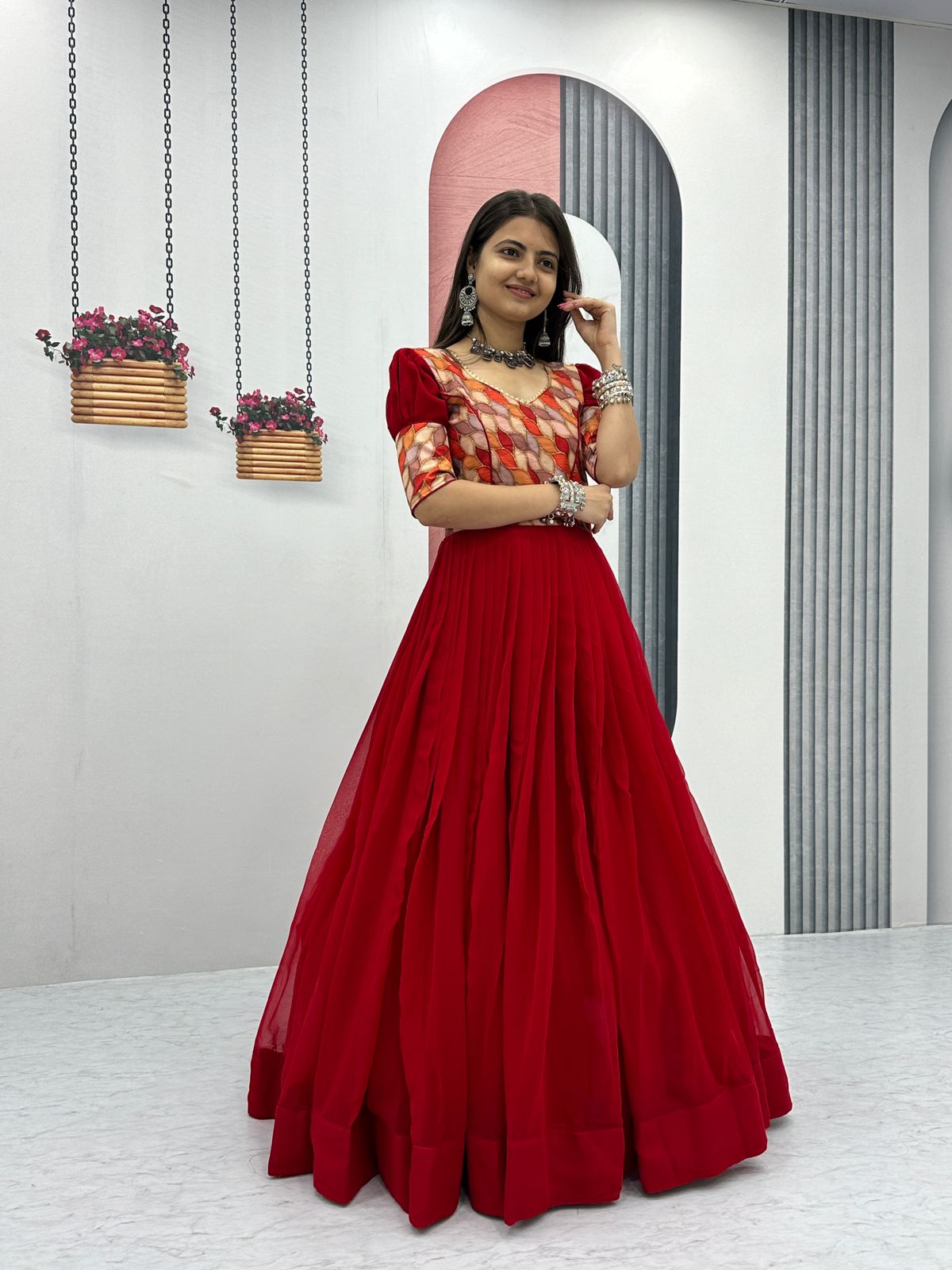 Beautiful Work Red Color Festive Long Gown