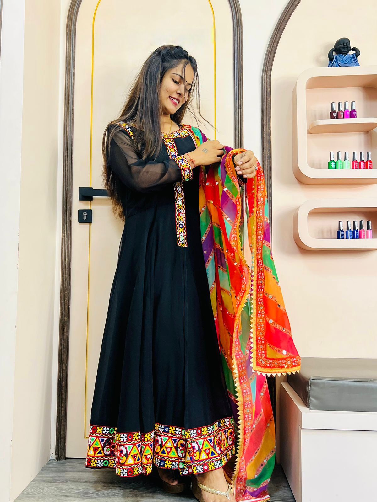 Black Beautiful Embroidery Work Gown With Multi Dupatta