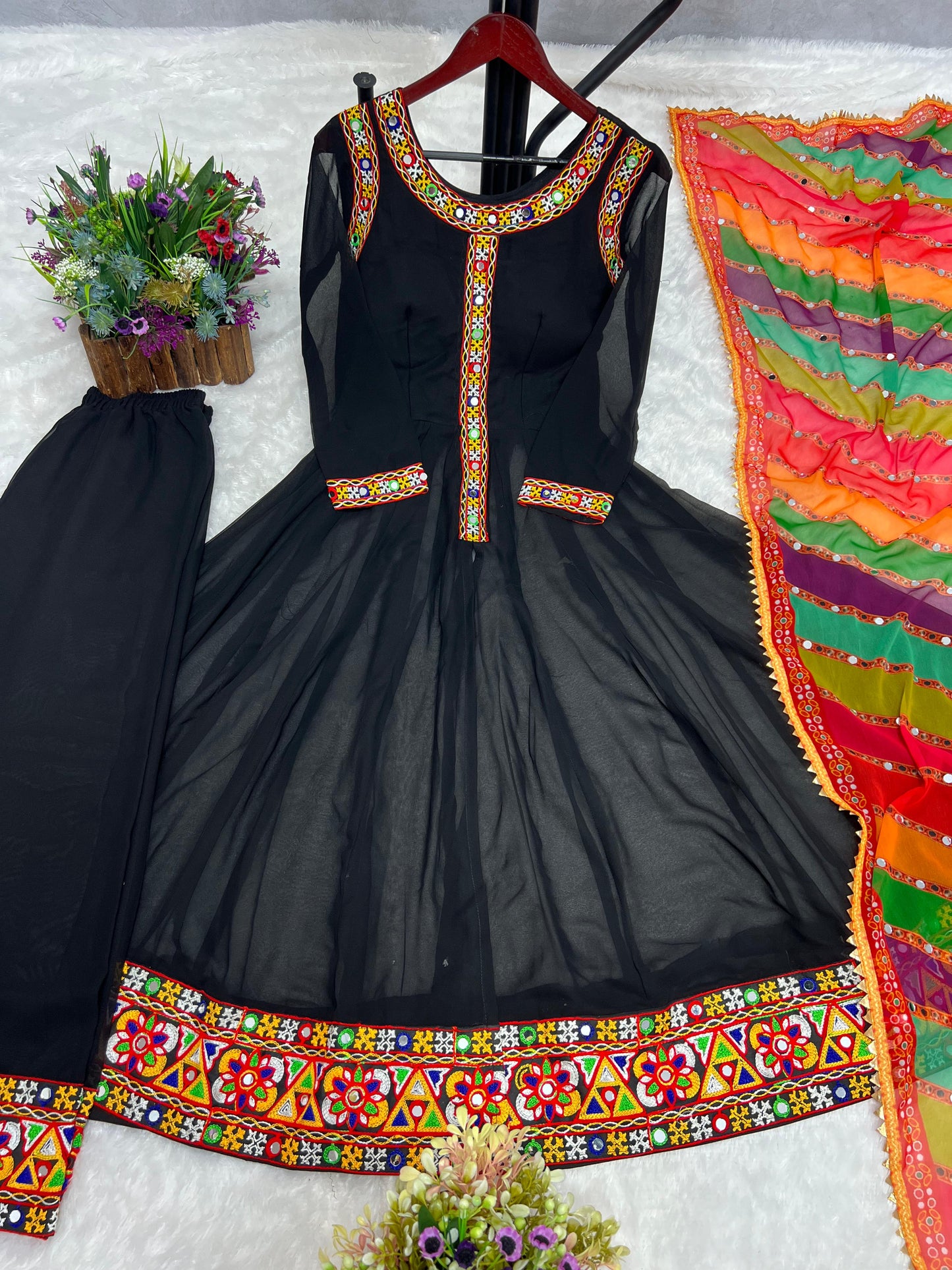 Black Beautiful Embroidery Work Gown With Multi Dupatta