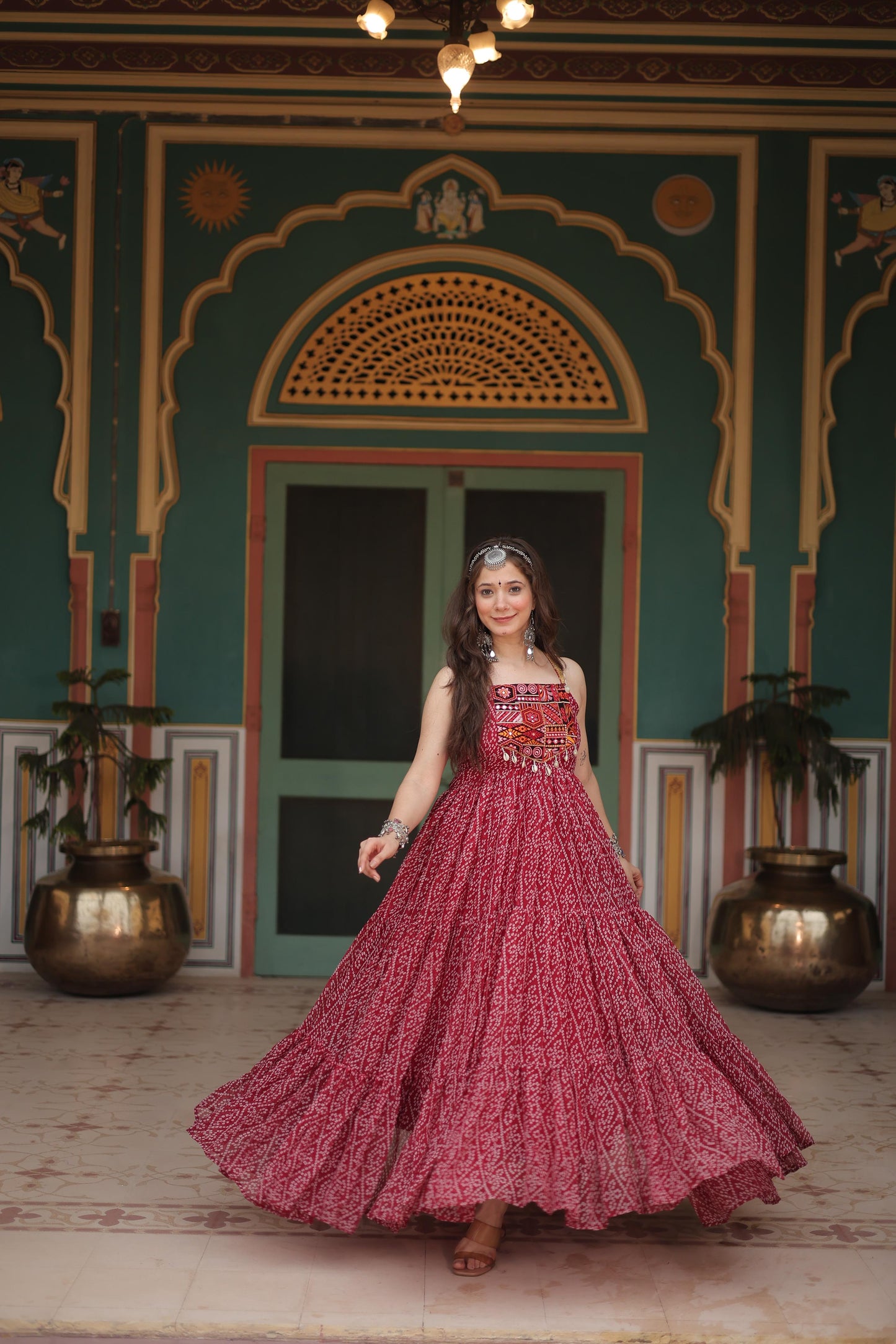 Trendy Bandhani Print Maroon Color Ruffle Gown