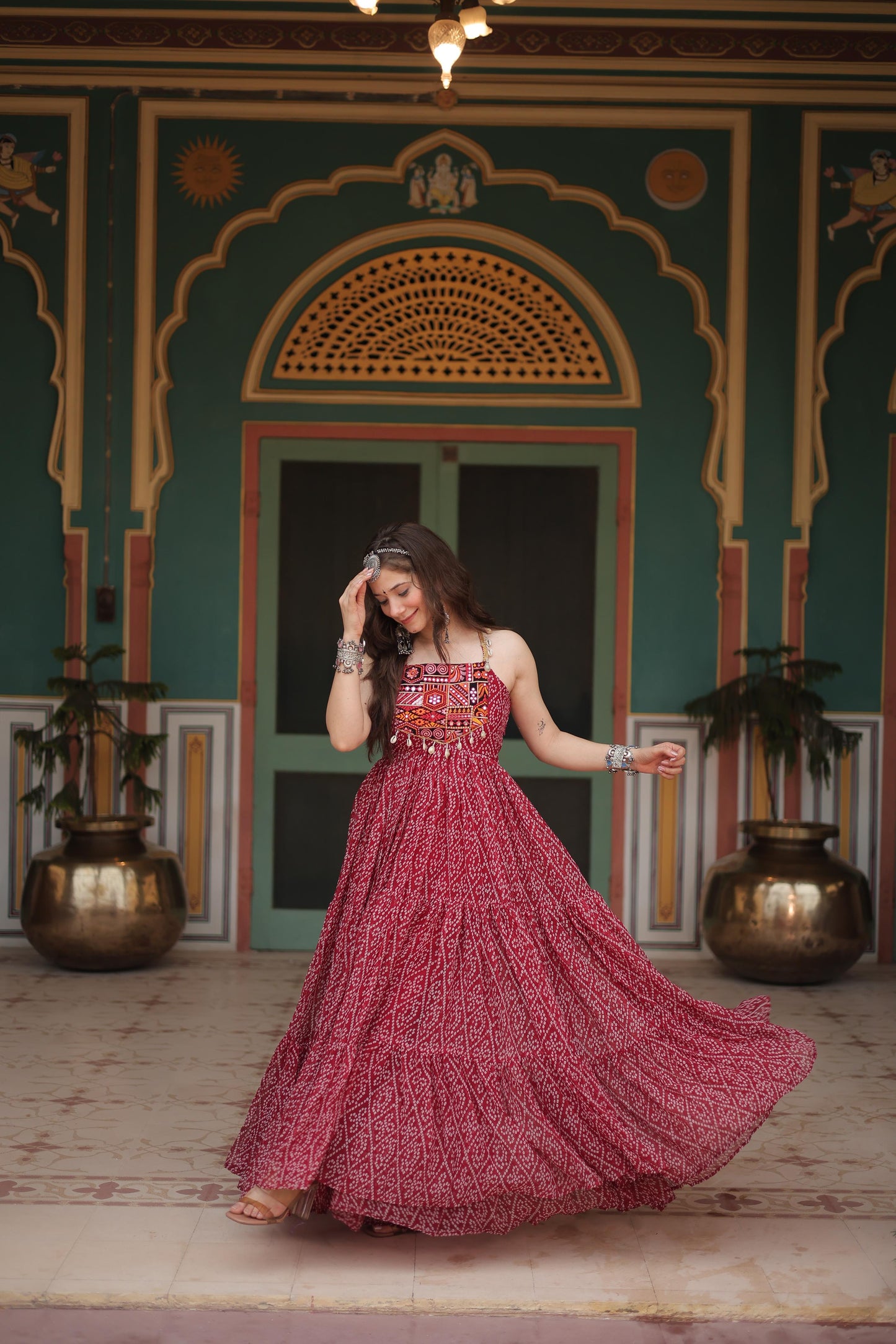 Trendy Bandhani Print Maroon Color Ruffle Gown